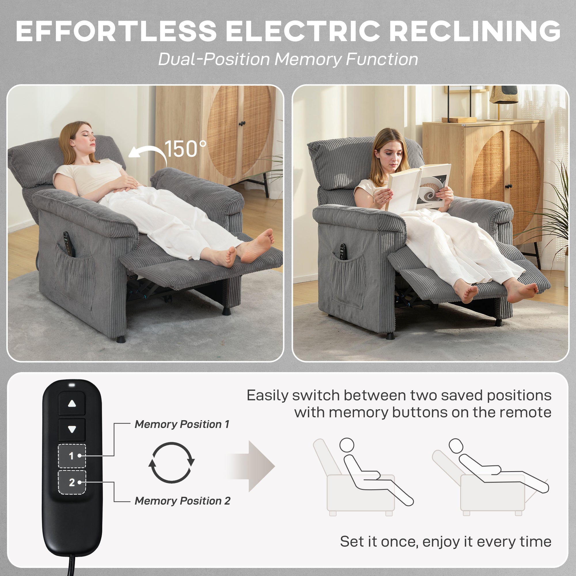 HOMCOM Corduroy Electric Massage Recliner - Grey - anydaydirect
