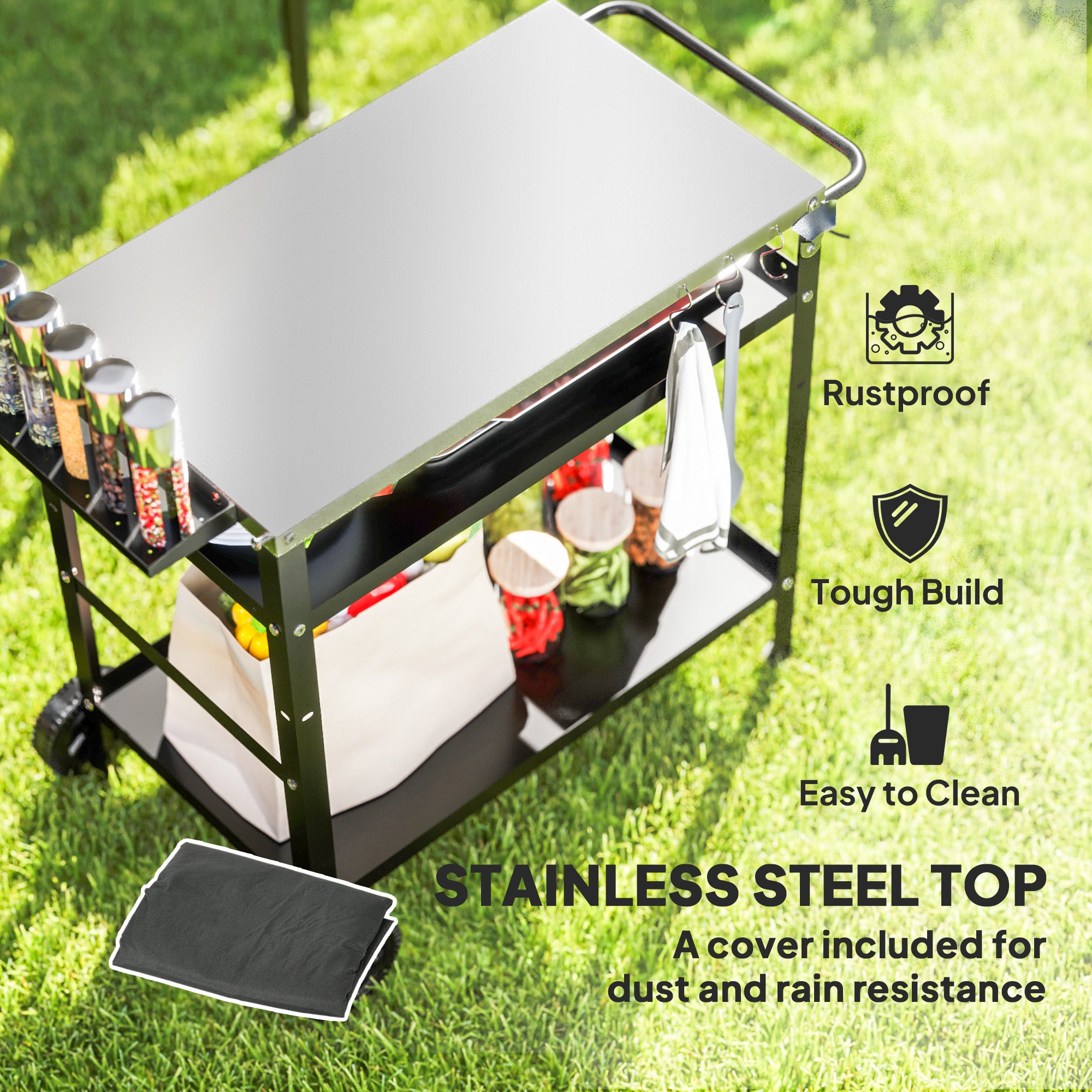 Outsunny BBQ Trolley with Stainless Steel Top Adjustable Shelf, Outdoor Kitchen BBQ Station with Hooks Seasoning Tray Towel Rack, Pizza Oven Table Movable Outdoor Grill Dining Cart with Cover, Black - anydaydirect