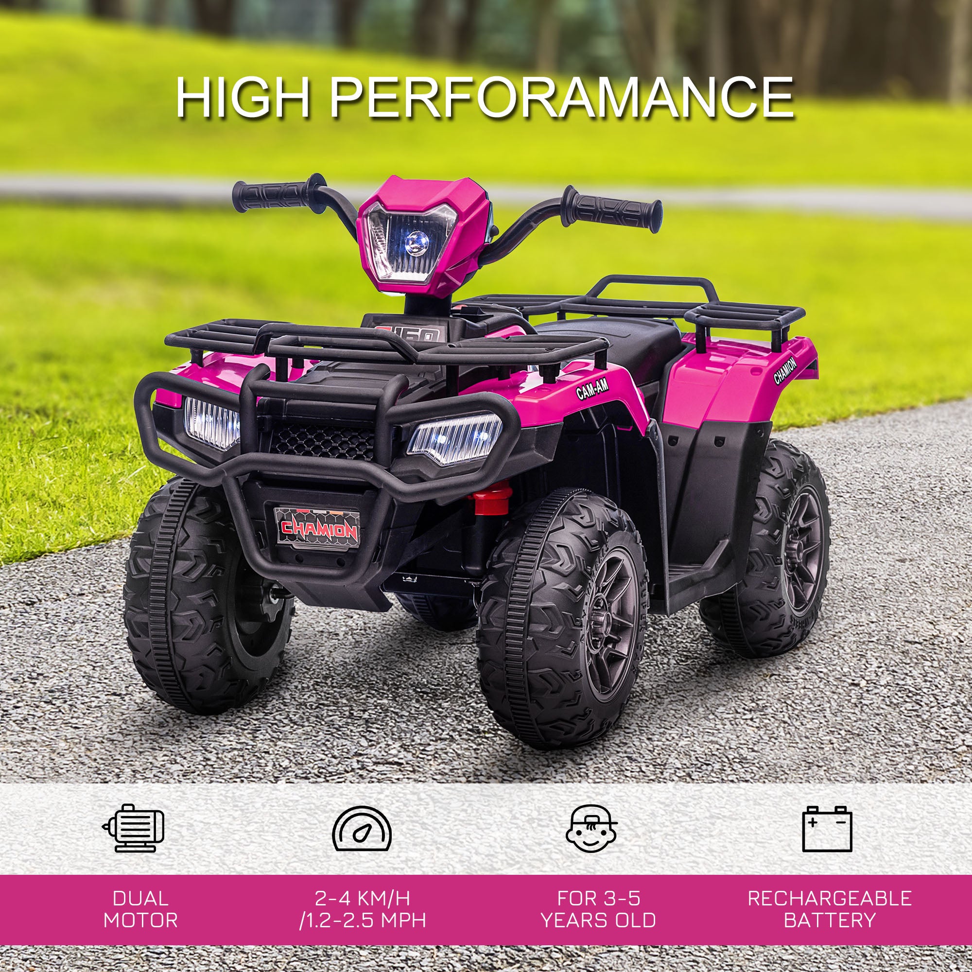 HOMCOM 12V Kids Quad Bike with Forward Reverse Functions, Ride On ATV with Music, LED Headlights, for Ages 3-5 Years - Pink - anydaydirect