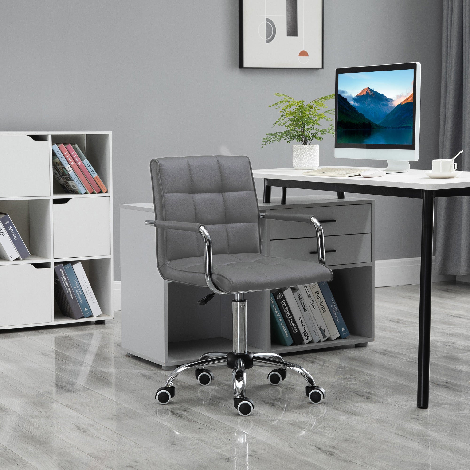 Vinsetto PU Leather Home Office Desk Chair, Computer Chair with Mid Back, Arm, Swivel Wheels, Adjustable Height, Grey - anydaydirect