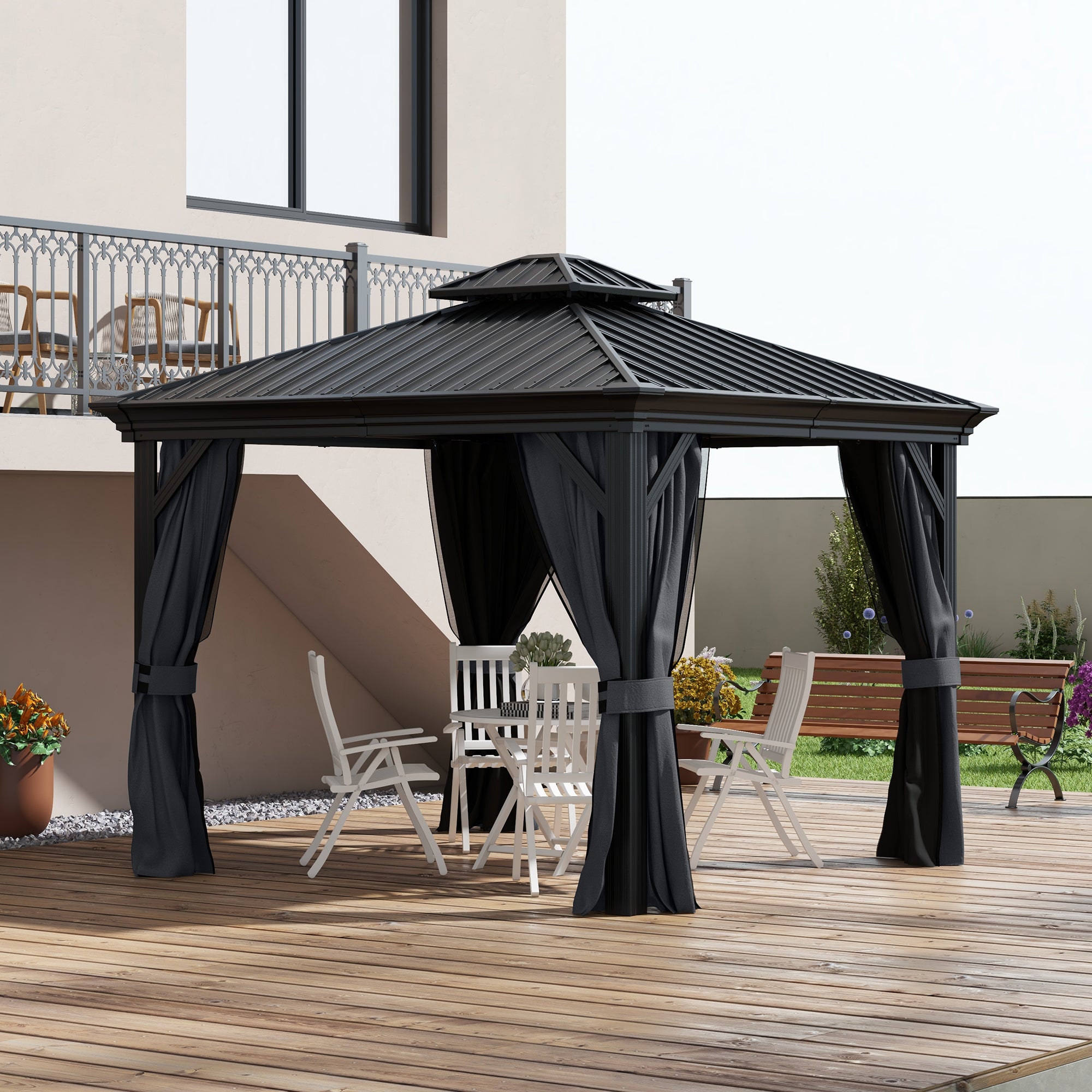 Outsunny 3.65 x 3m Aluminium Hardtop Gazebo, with Accessories - Dark Grey - anydaydirect