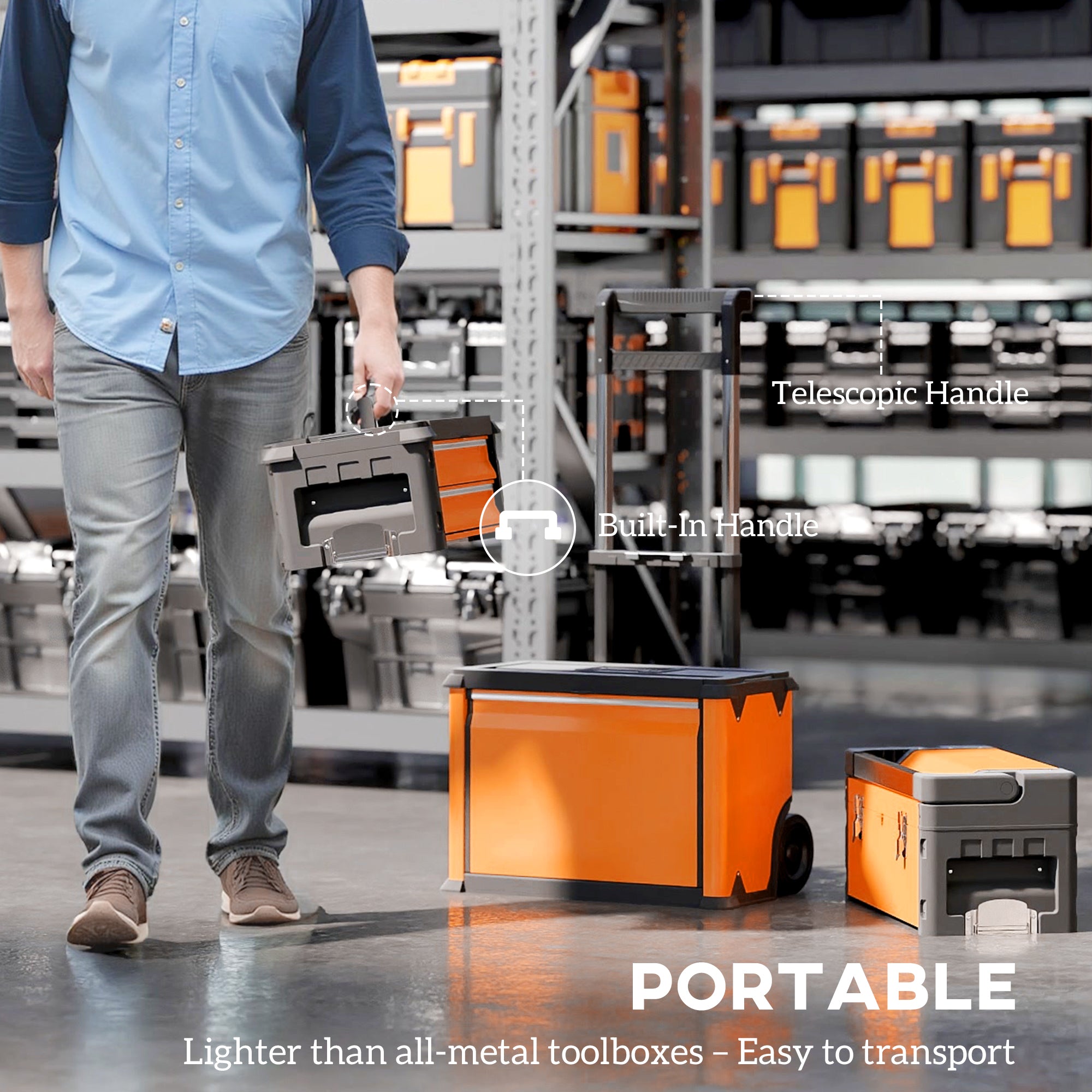 HOMCOM 3-in-1 Stackable Rolling Tool Box - Orange - anydaydirect