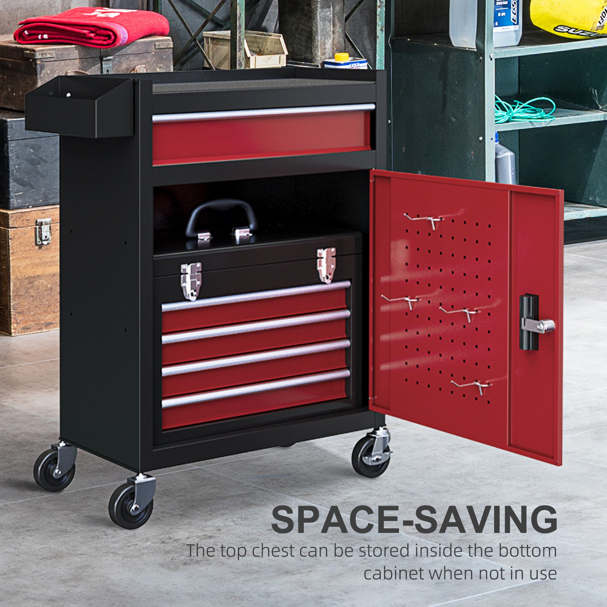 HOMCOM Two-Part Tool Storage Chest on Wheels - Black/Red - anydaydirect