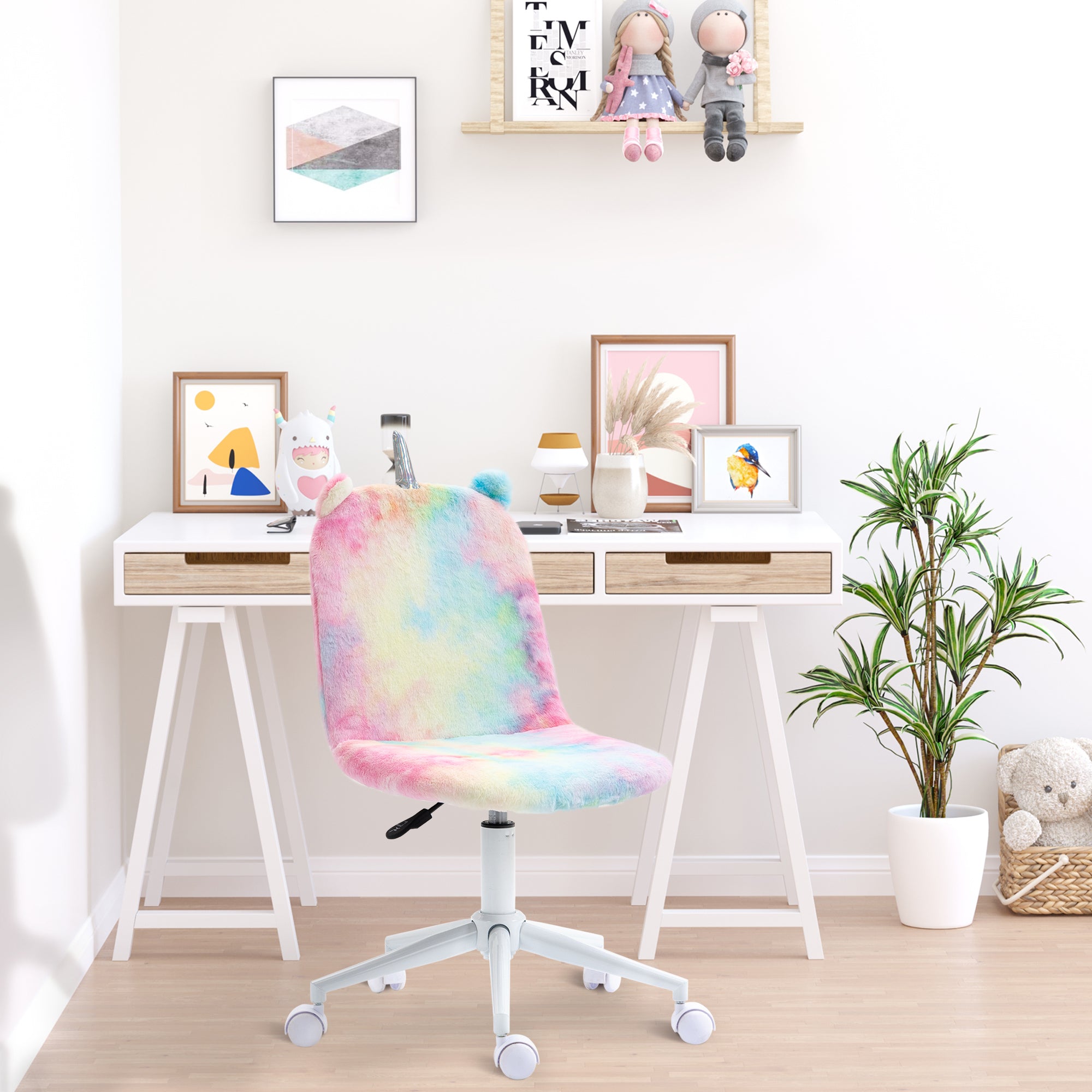 Vinsetto Fluffy Unicorn Office Chair with Mid-Back and Swivel Wheel, Cute Desk Chair, Rainbow Multi-Colored - anydaydirect