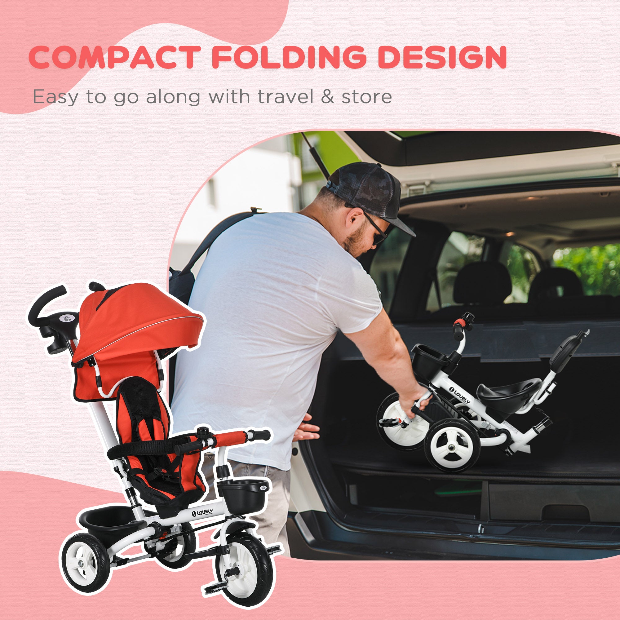 HOMCOM Metal Frame 4 in 1 Baby Push Tricycle with Parent Handle for 1-5 Years Old, Red - anydaydirect