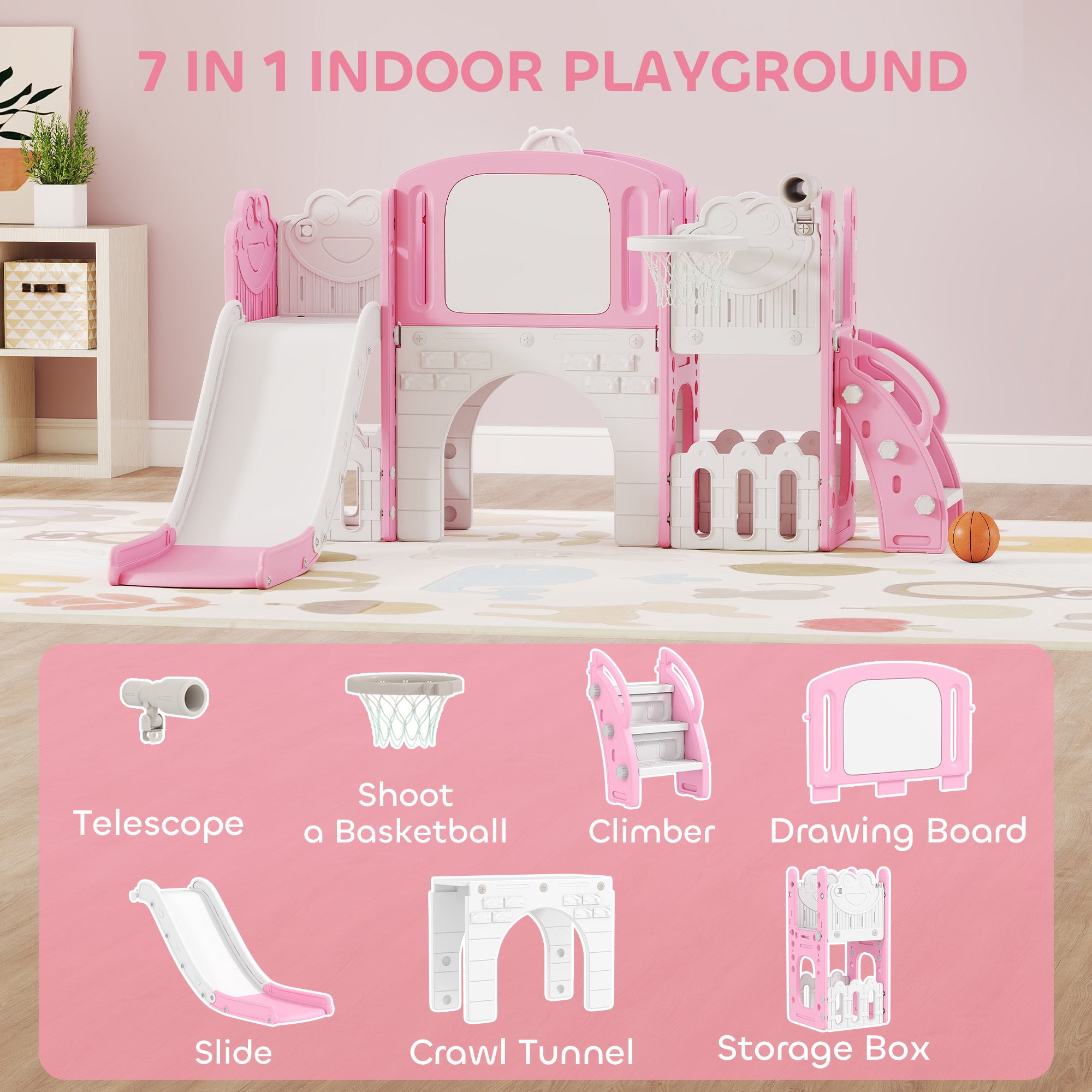 AIYAPLAY 7 in 1 Toddler Slide Set with Basketball Hoop, Climbing Frame, Telescope, Drawing Board, Storage Box, Pink - anydaydirect