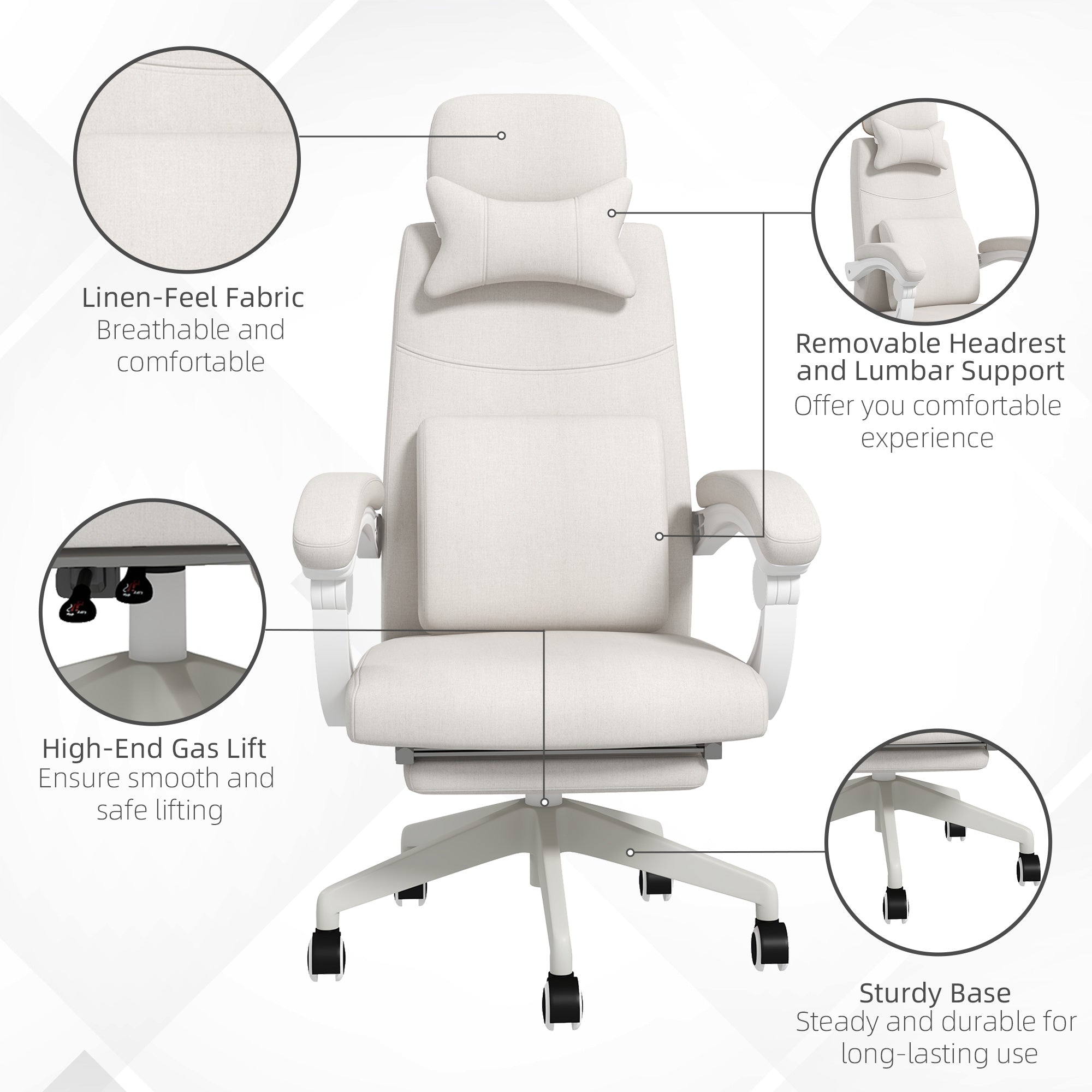 Vinsetto Linen-Look Office Chair, with 160° Reclining Back and Footrest - White - anydaydirect