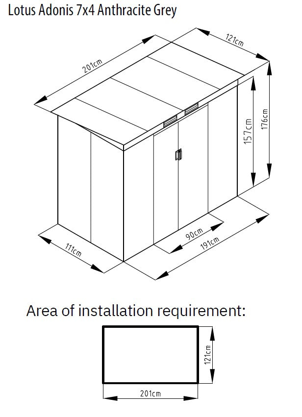 Lotus Adonis 7x4 Grey Metal Shed - Durable Storage Solution - anydaydirect