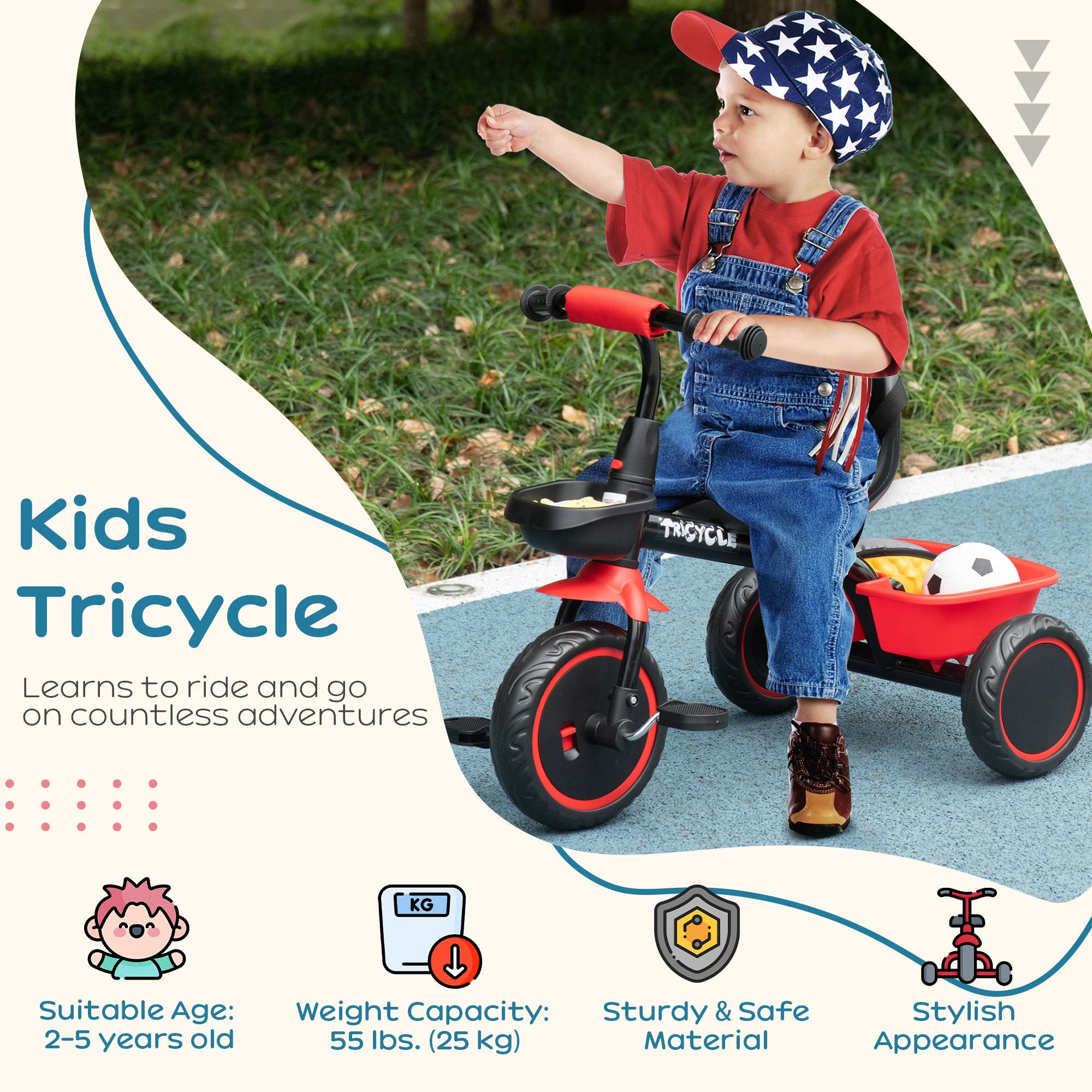 AIYAPLAY Kids Trike for 2-5 Years with Adjustable Seat, Pedal, Baskets, Red - anydaydirect