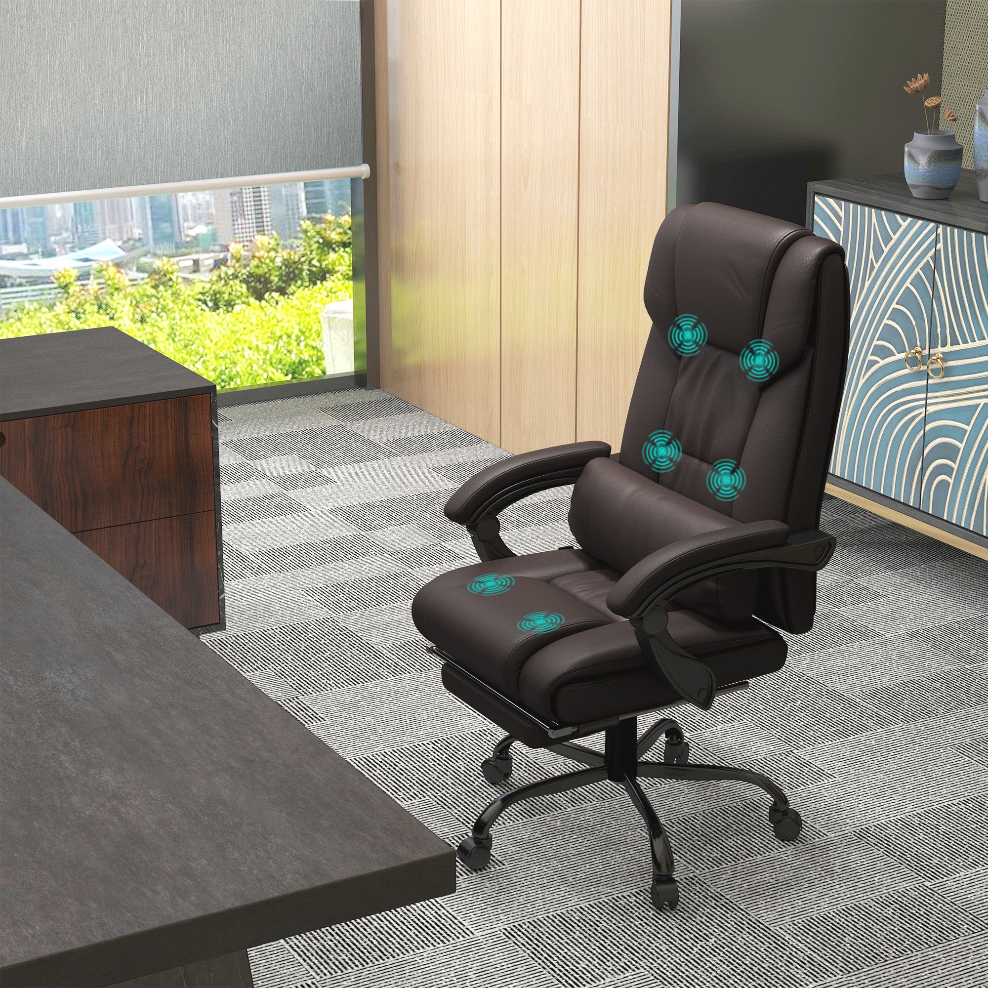 Vinsetto 6-Point Massage Office Chair, PU Leather Desk Chair with Adjustable Height and Footrest for Home Office, Brown - anydaydirect