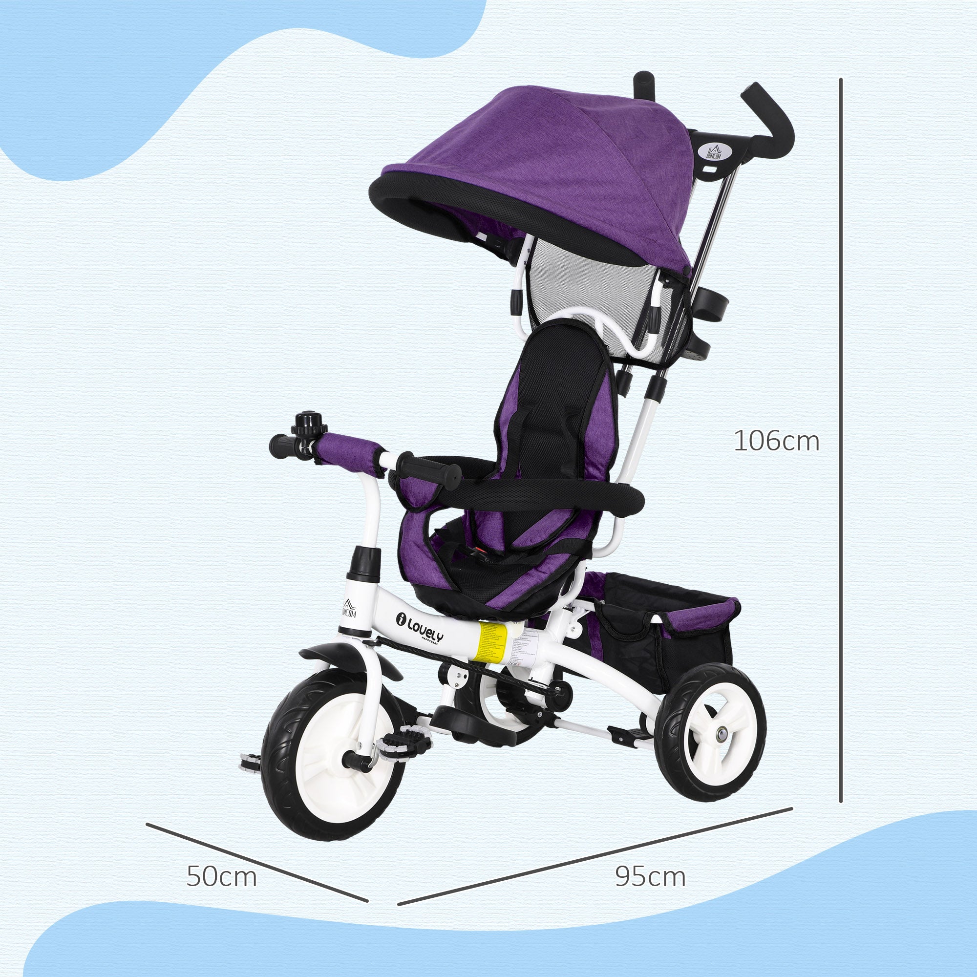 HOMCOM 4 in 1 Kids Trike Push Bike w/ Push Handle, Canopy, 5-point Safety Belt, Storage, Footrest, Brake, for 1-5 Years, Purple - anydaydirect