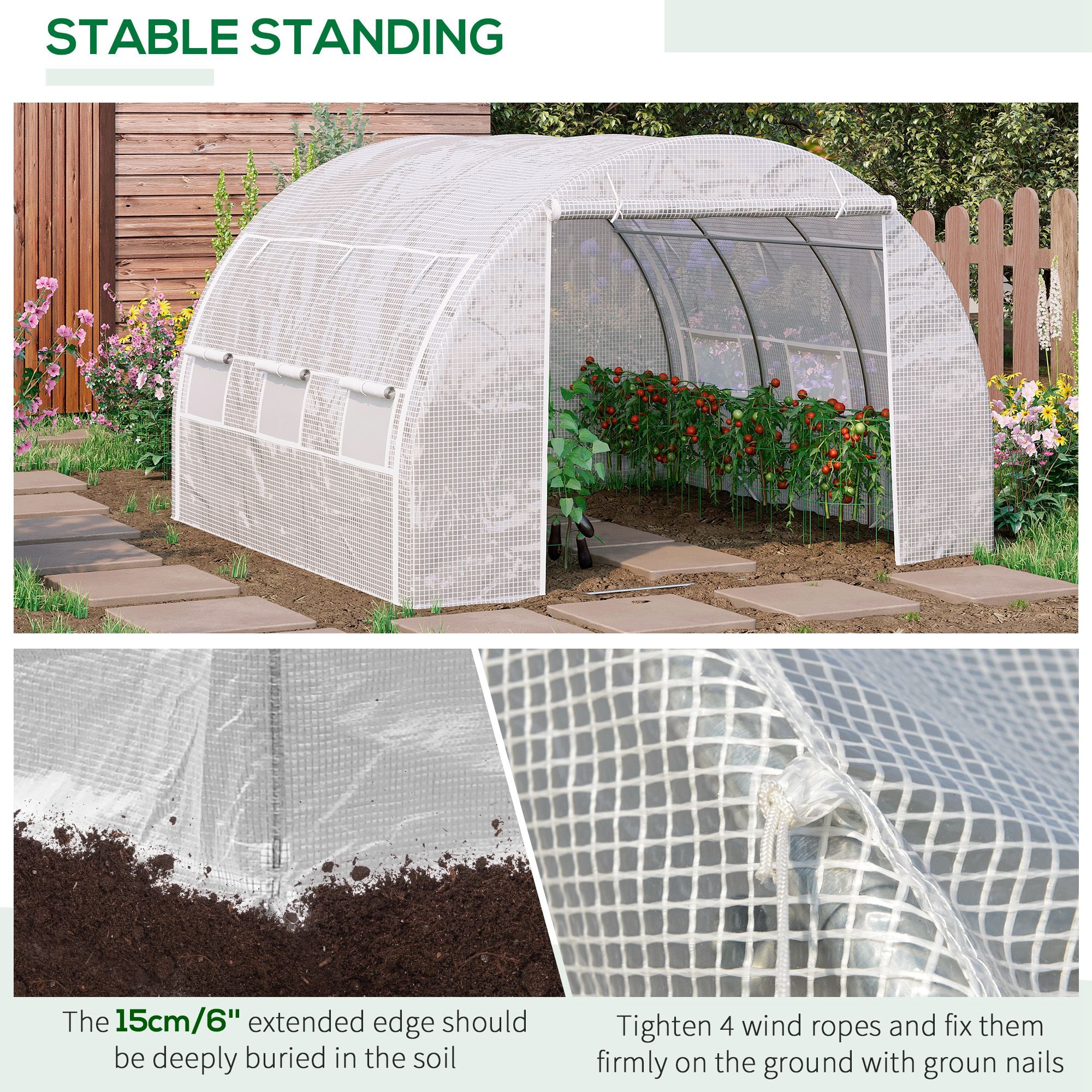 Outsunny 3 x 3 x 2 m Polytunnel Greenhouse with Roll-up Side Walls, Walk-in Grow House Tent with Steel Frame, Reinforced Cover, Zipped Door and 6 Mesh Windows for Garden, White - anydaydirect