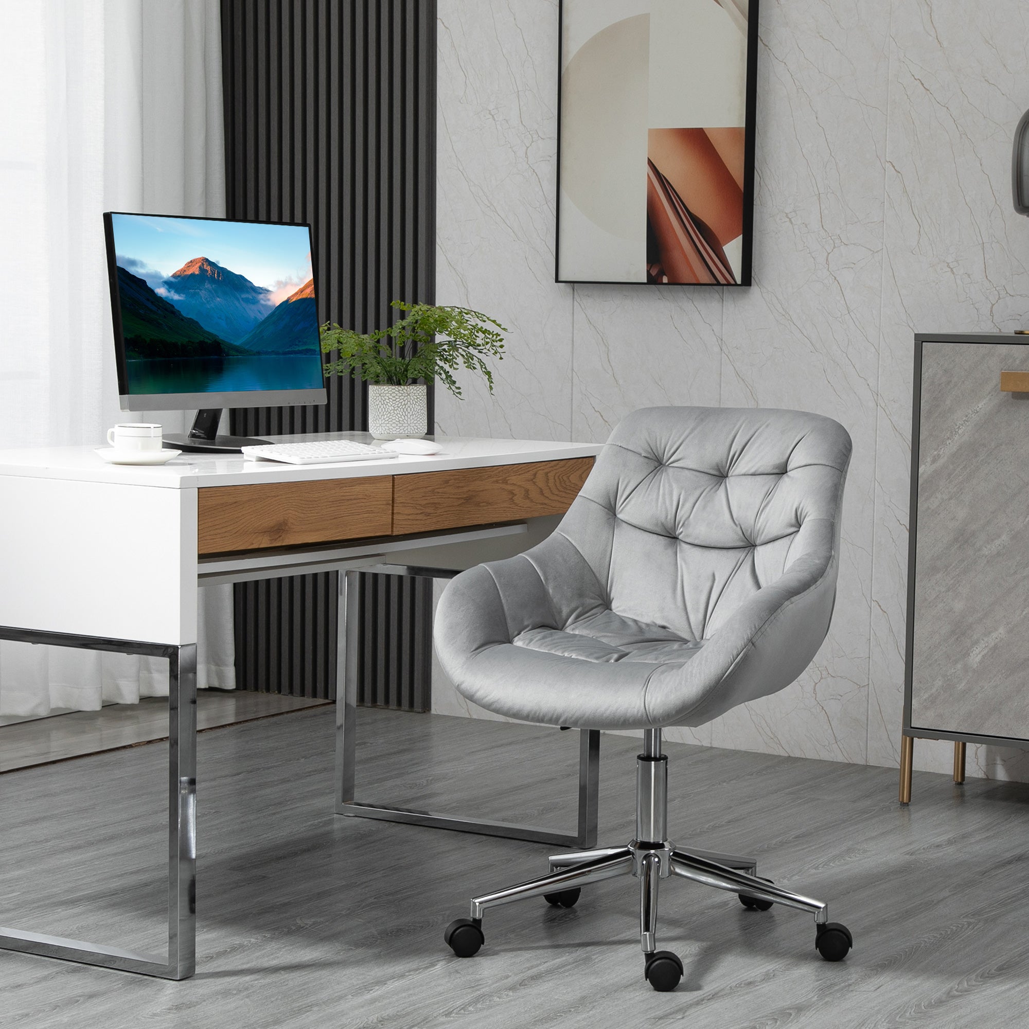 Vinsetto Home Office Chair Velvet Ergonomic Computer Chair Comfy Desk Chair with Adjustable Height, Arm and Back Support, Grey - anydaydirect