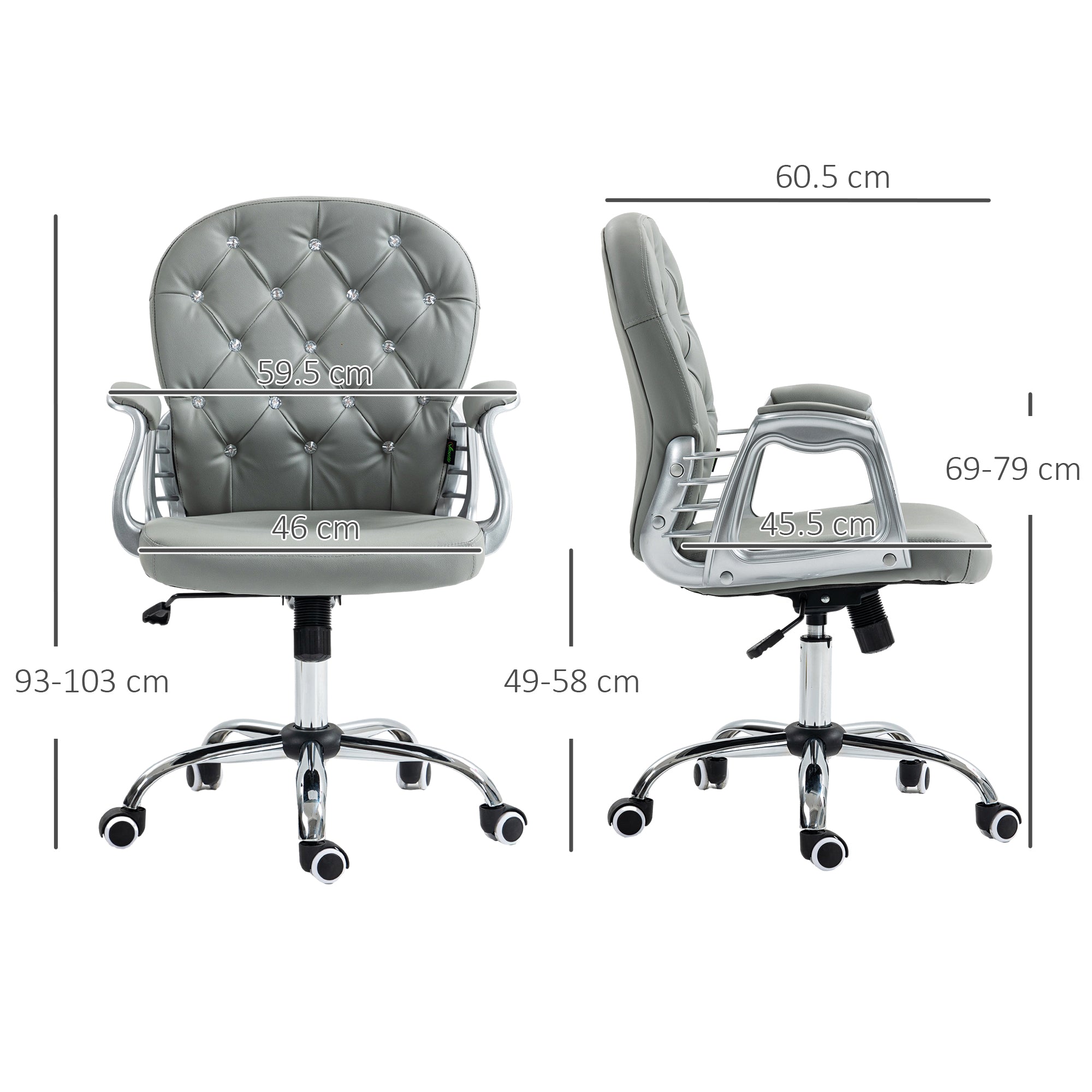 Vinsetto Office Chair Ergonomic 360° Swivel PU Diamante Padded Base 5 Castor Wheels for Home Work Grey - anydaydirect