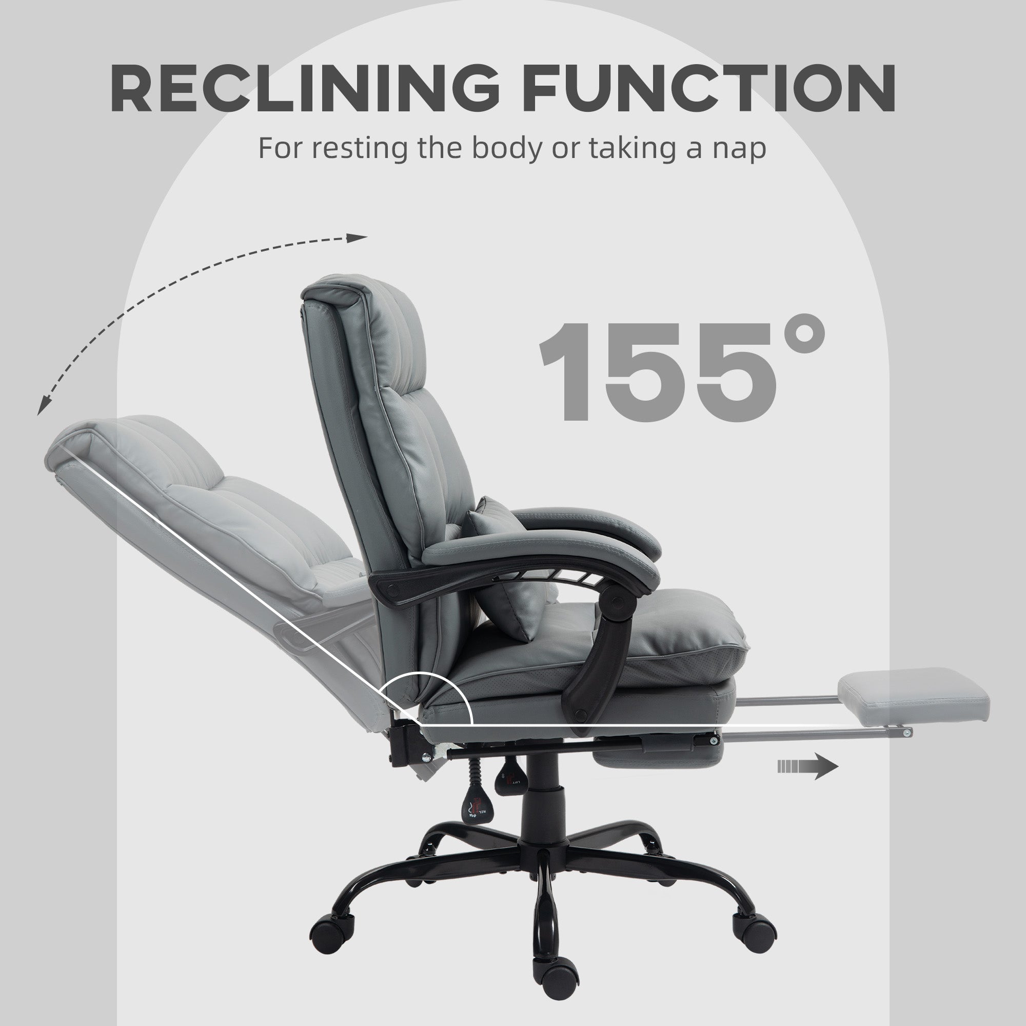 HOMCOM Faux Leather Reclining Office Chair, with Footrest - Grey - anydaydirect
