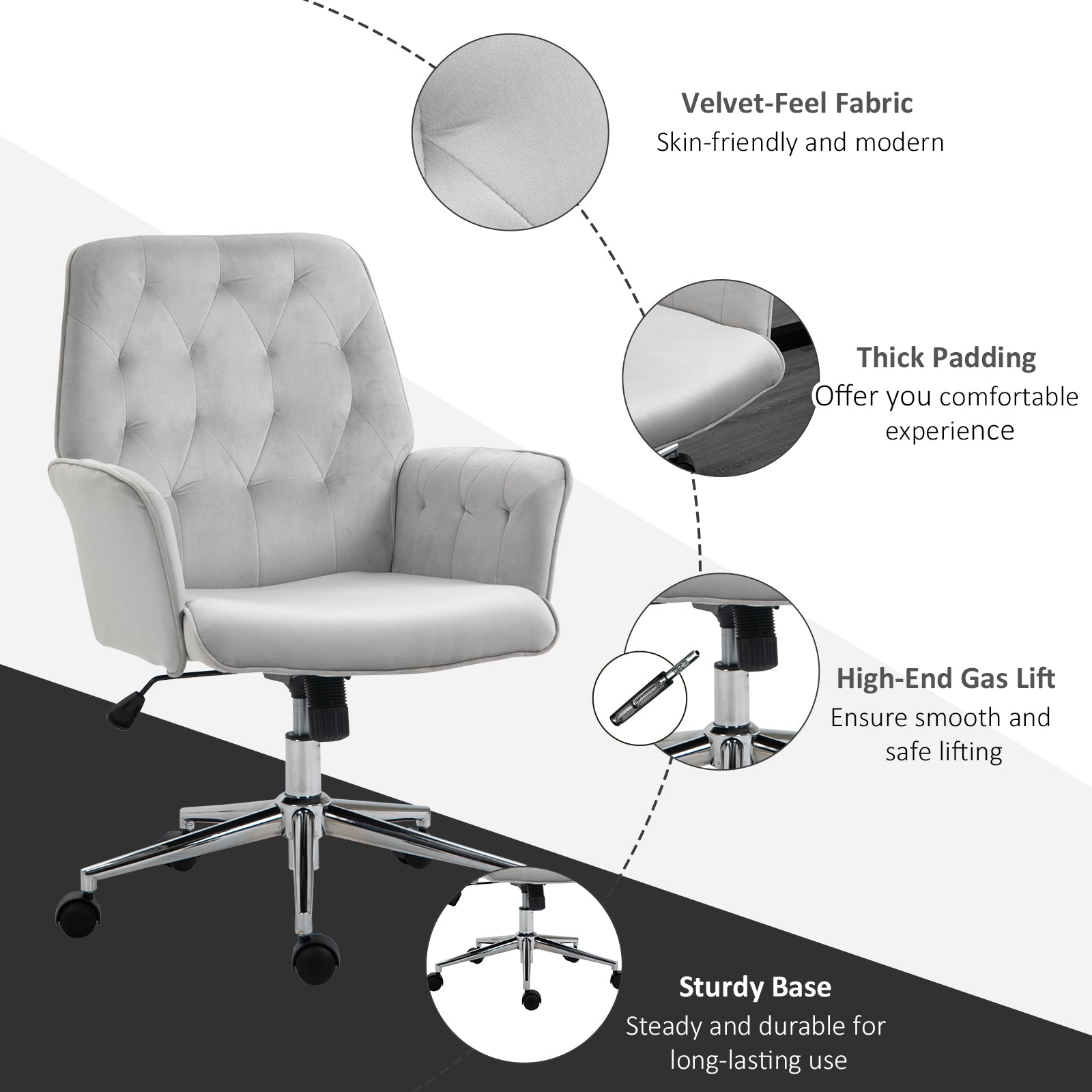 Vinsetto Linen Computer Chair with Armrest, Modern Swivel Chair with Adjustable Height, Light Grey - anydaydirect