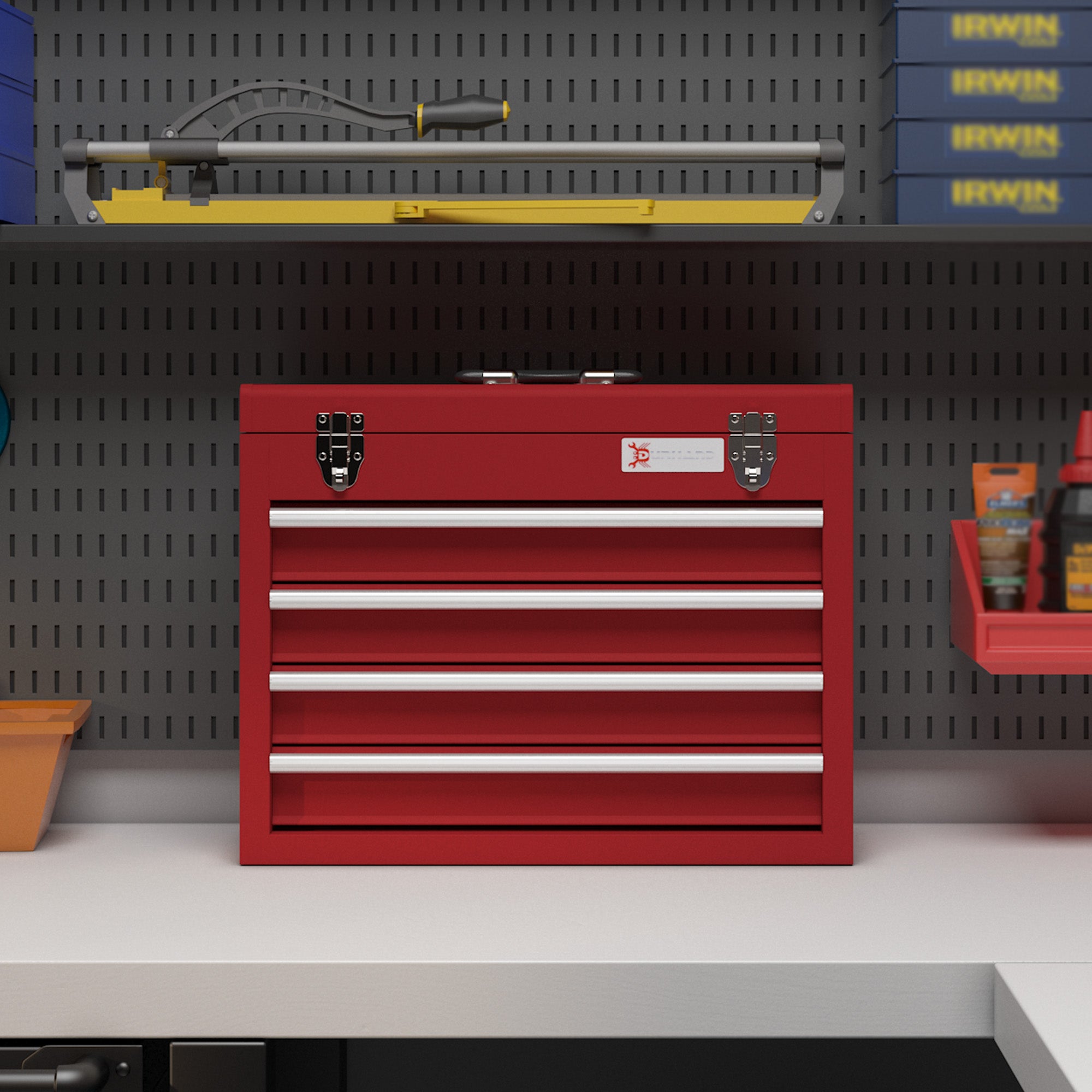 DURHAND Lockable Metal Tool Box, 4 Drawer Tool Chest with Latches, Handle, Ball Bearing Runners, Red - anydaydirect
