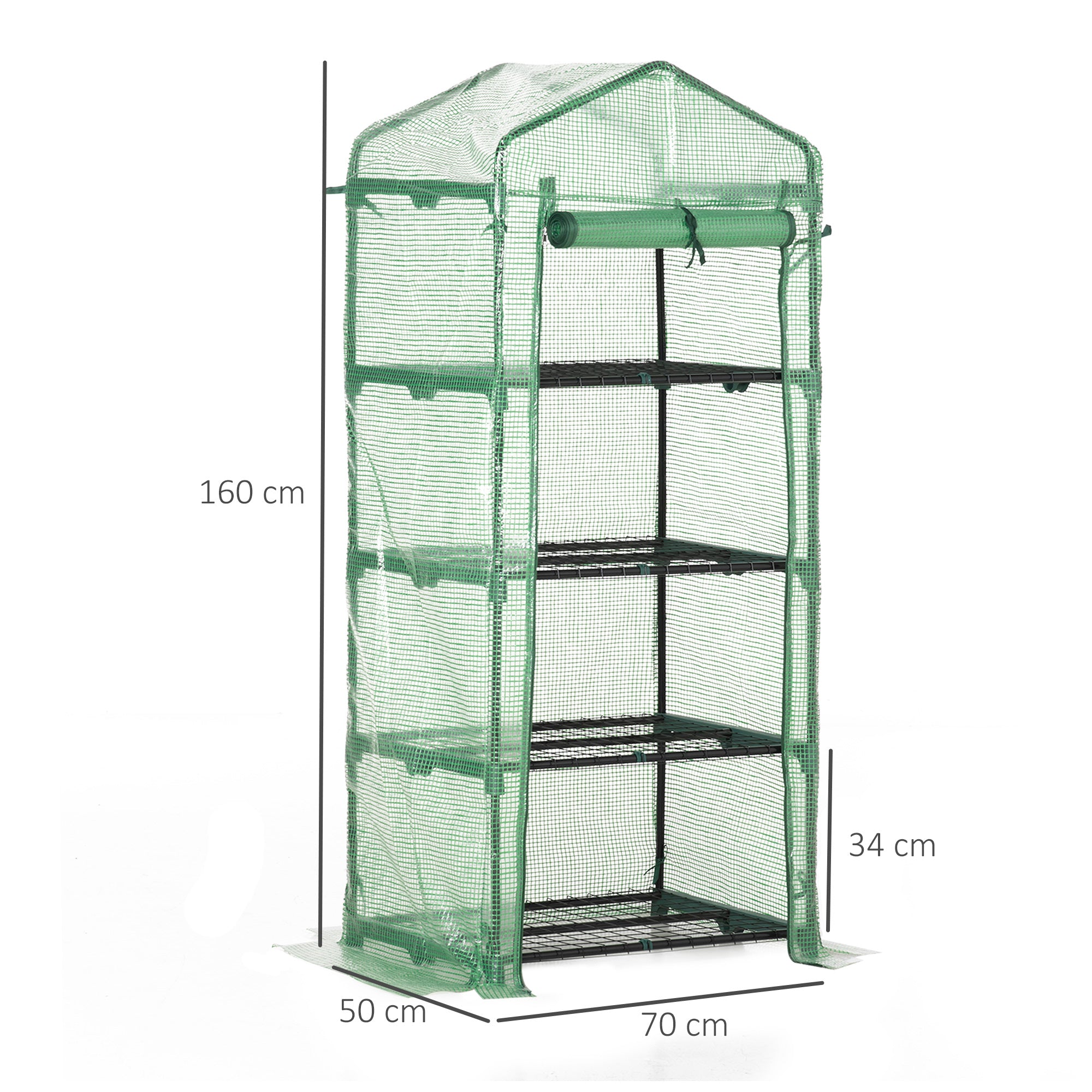 Outsunny 4 Tier Mini Greenhouse, Portable Compact Green House with Steel Frame, PE Cover, Roll-up Door, 70 x 50 x 160 cm, Green - anydaydirect
