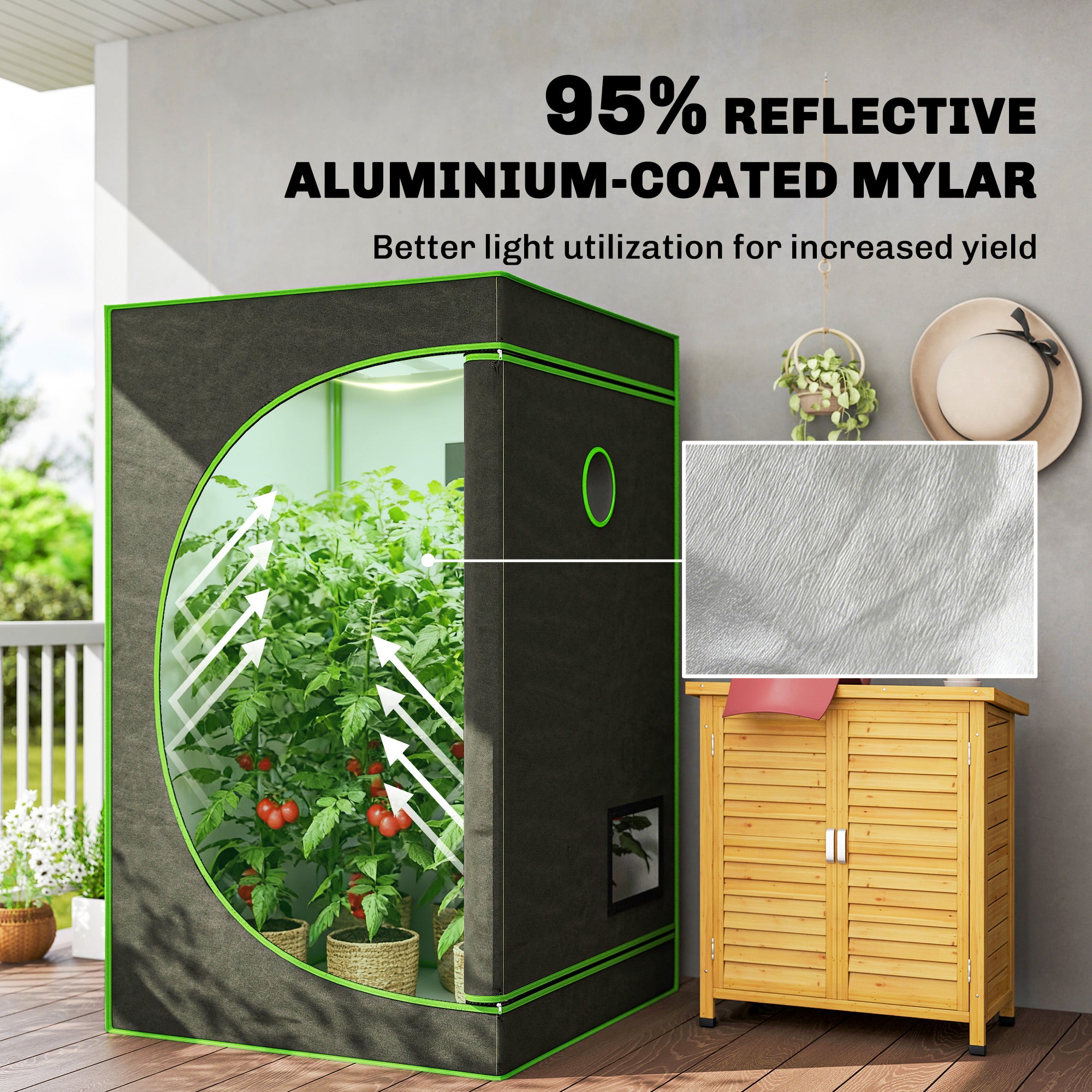 Outsunny Grow Tent 120 x 120 x 200 cm, Reflective Mylar Hydroponic Growing Tent with 600D Oxford Fabric, Observation Window, Vent, Zipper Door for Indoor Plant Growing, Black - anydaydirect