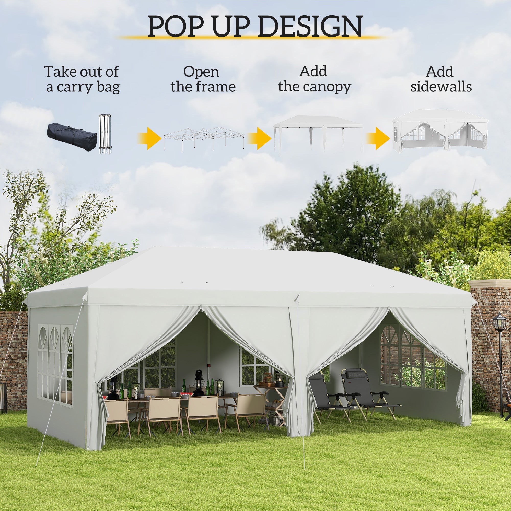 Outsunny 3 x 6 m Pop Up Gazebo with Sides and Windows, Height Adjustable Wedding Camping Party Tent Canopy Marquee with Storage Bag for Garden, Event, White - anydaydirect
