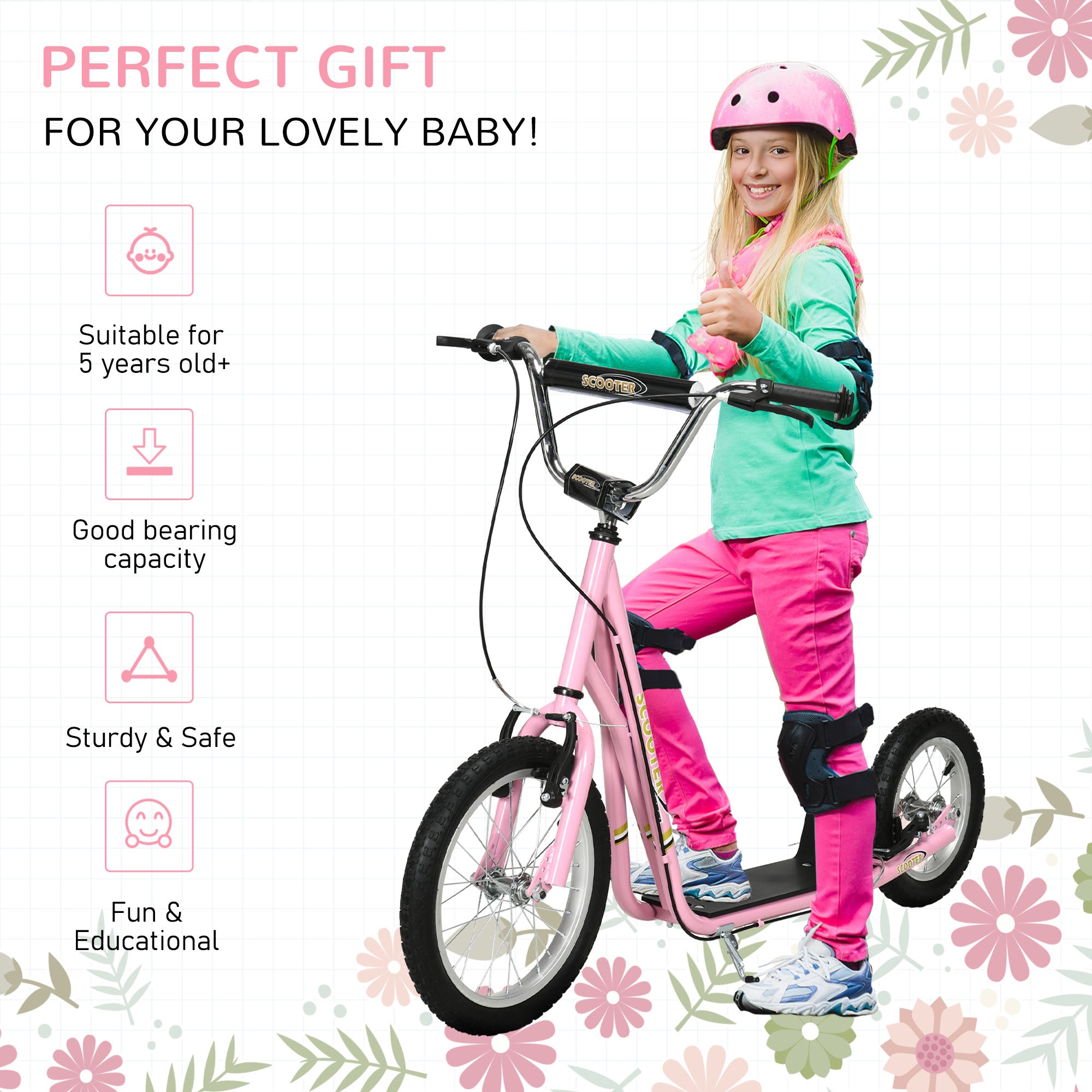 HOMCOM Teen Scooter Push Kick Scooters for Kids with Rubber Wheels Adjustable Handlebar Front Rear Dual Brakes Kickstand, for 5+ Years, Pink - anydaydirect