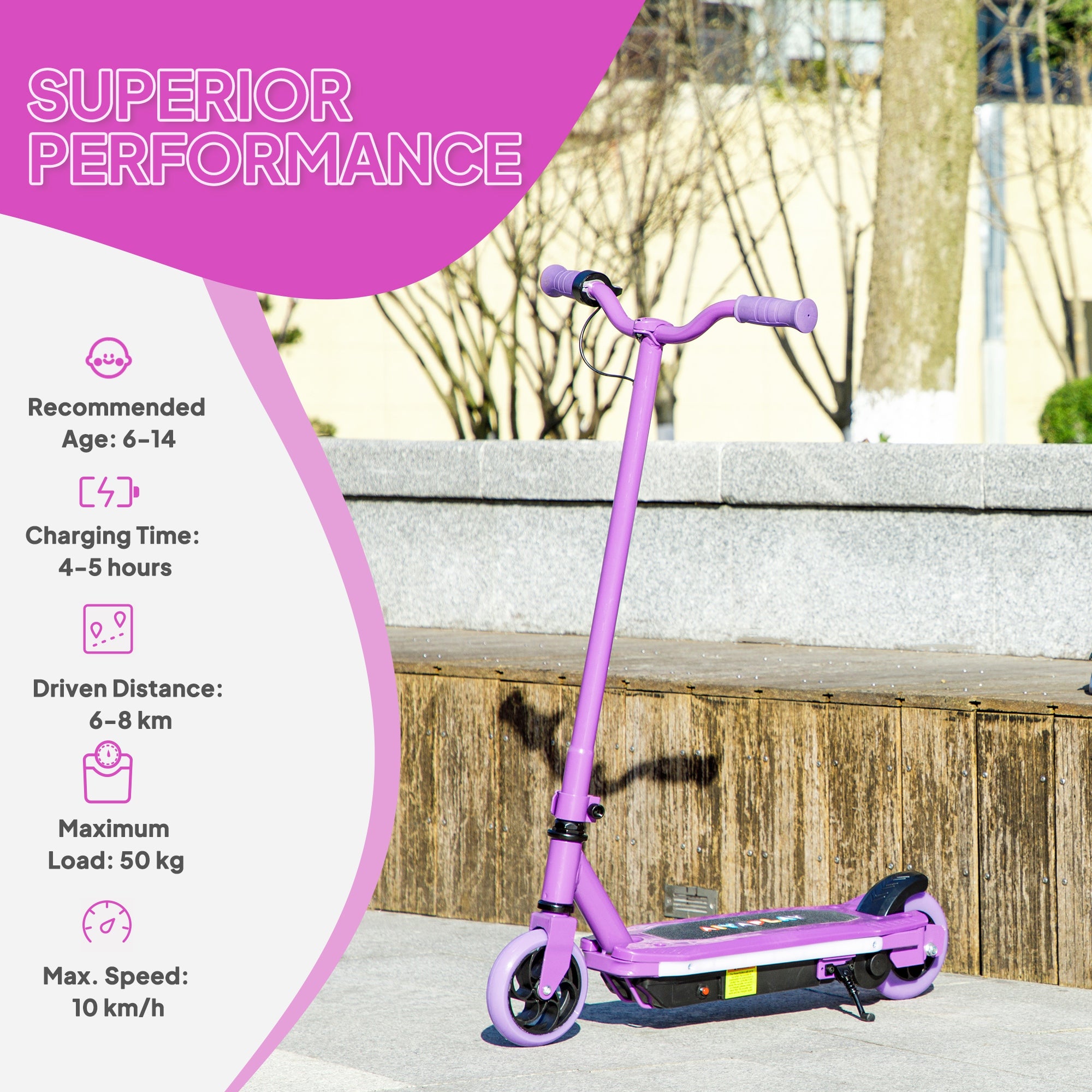 AIYAPLAY Electric Scooter for Ages 6-14, with Colourful Light and Electric Brake, Electric Scooter E Scooter, Up to 10 KM/H & 8 KM, Purple - anydaydirect