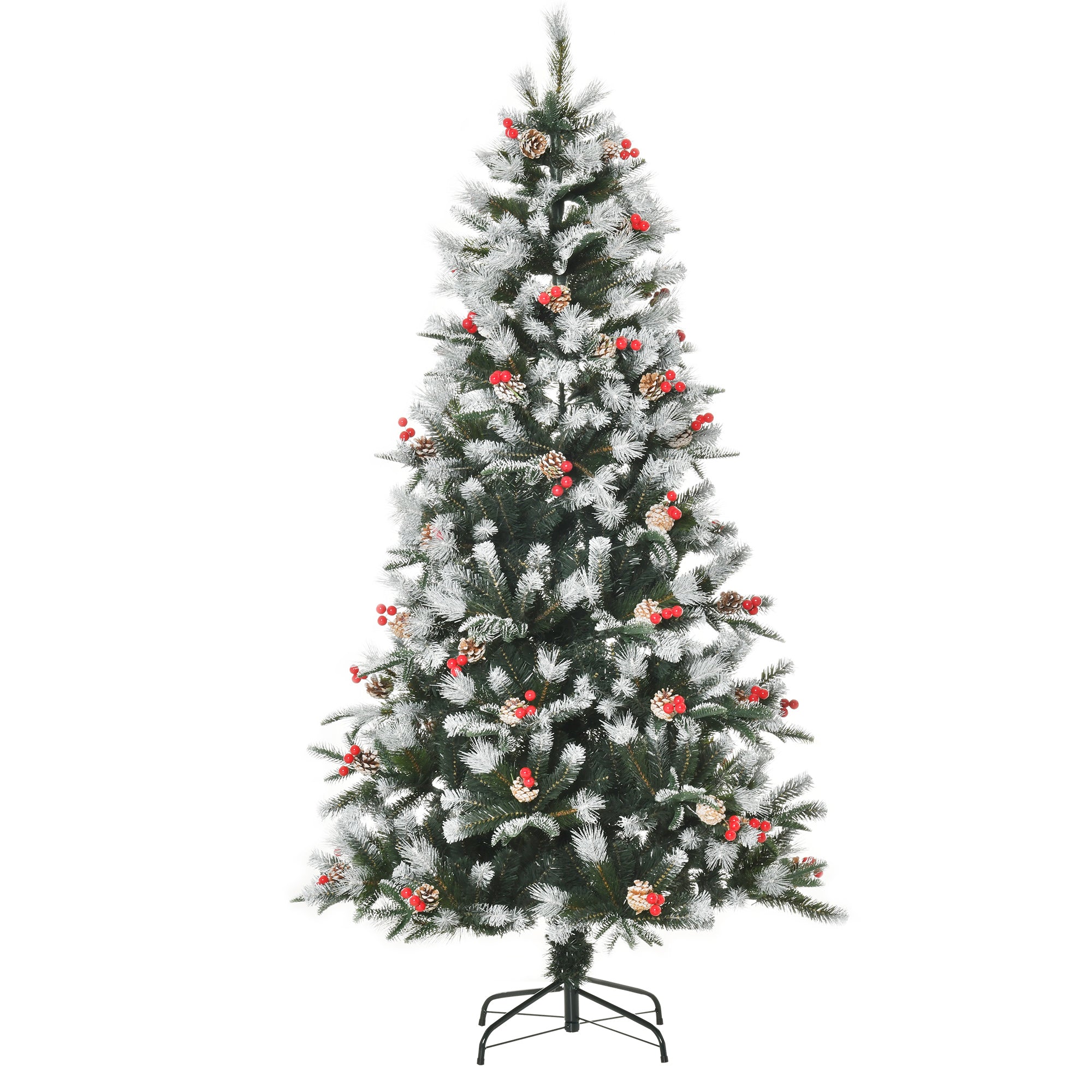 HOMCOM 6FT Artificial Snow Dipped Christmas Tree Xmas Pencil Tree Holiday Home Party Decoration with Foldable Feet Red Berries White Pinecones, Green - anydaydirect