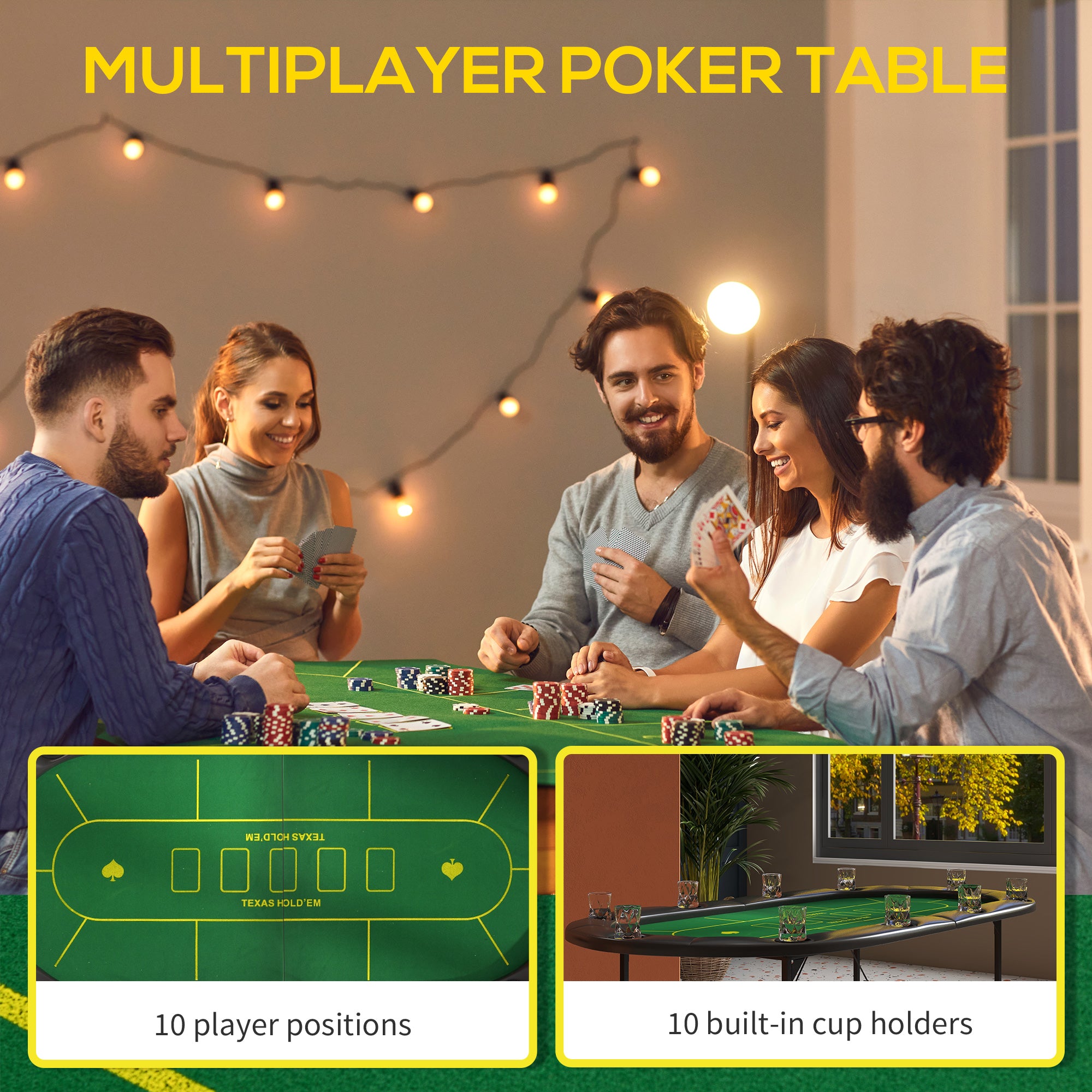 SPORTNOW Foldable Poker Mat, 10-Player Table Top with Cup Holder, Carry Bag - Green - anydaydirect