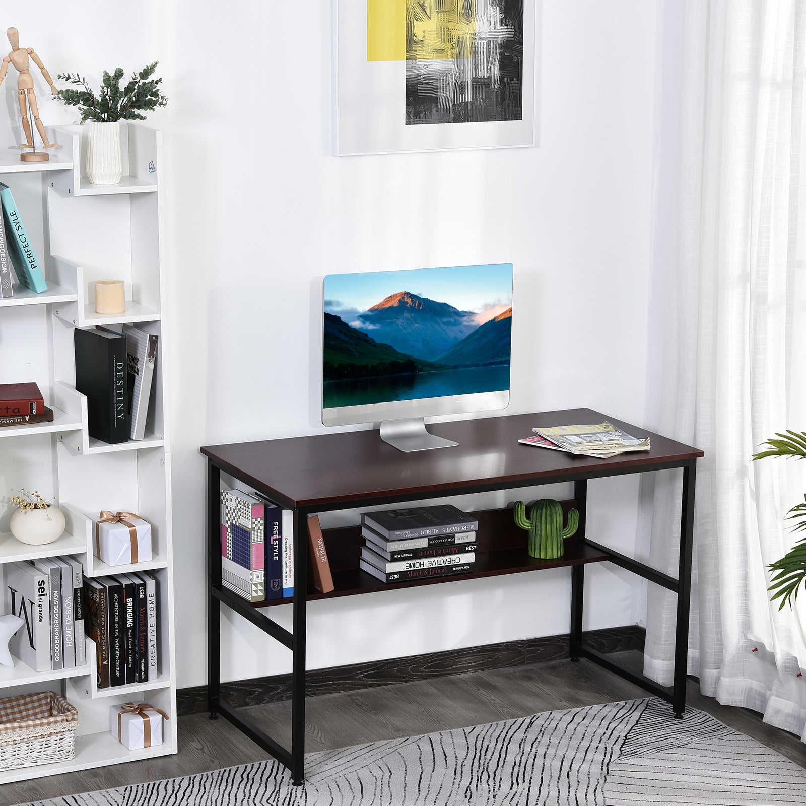 HOMCOM Computer Desk with Storage Shelf, 120 x 60cm Home Office Desk with Metal Frame, Study Table, Easy Assembly, Brown - anydaydirect