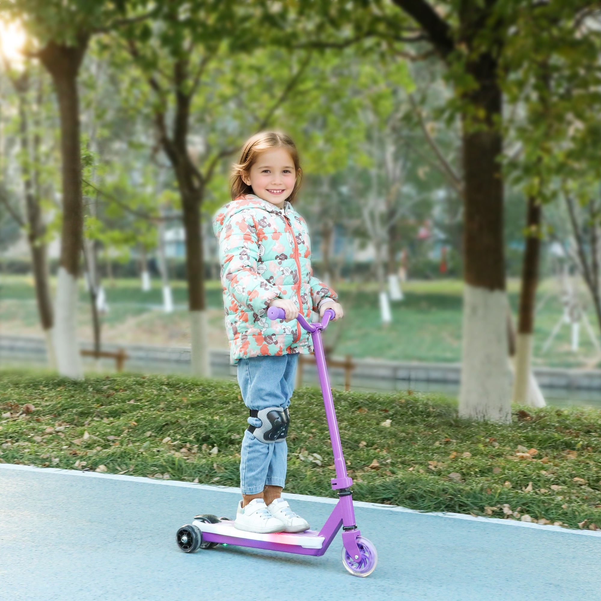AIYAPLAY Electric Scooter for Kids Ages 4-7, with Auxiliary Rear Wheels, Flashing LED Light and Electric Brake, Kids Electric Scooter for Boys Girls, 6 KM/H & 8 KM, Purple - anydaydirect