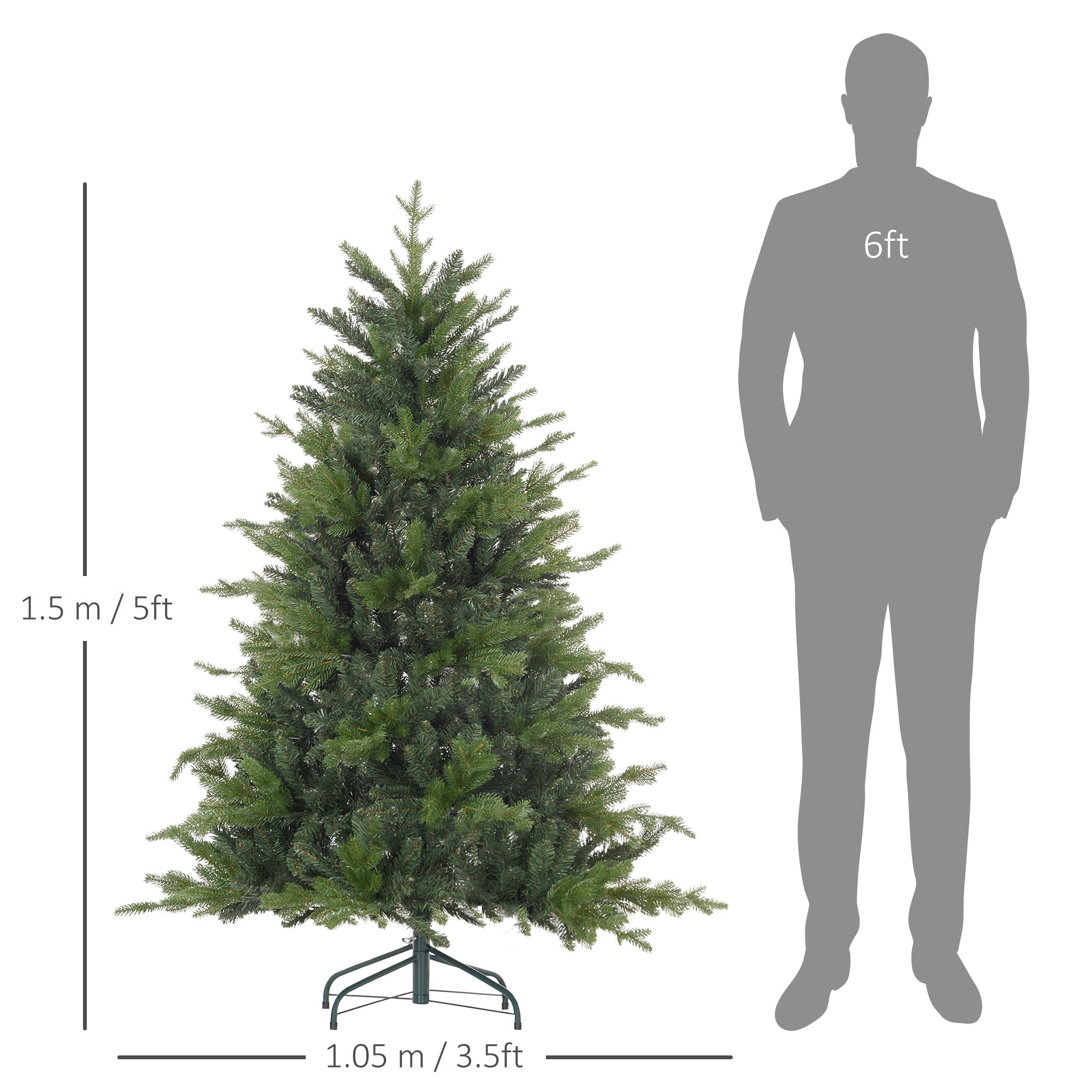 HOMCOM 5ft Artificial Christmas Tree with 1309 Tips, Metal Base, Realistic Hinged Xmas Tree for Home Office, Green - anydaydirect