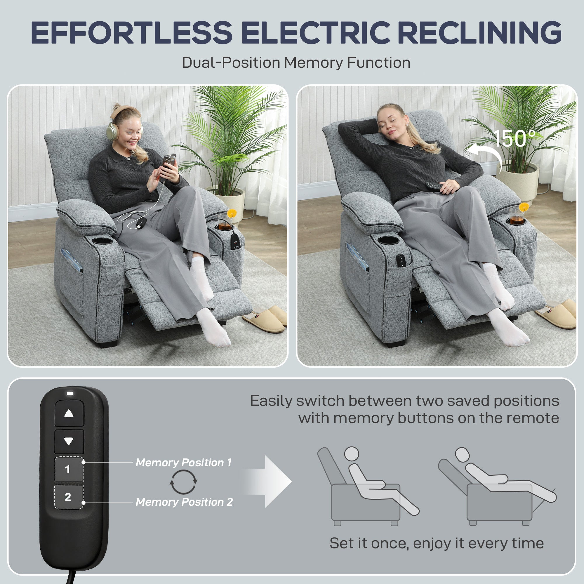 HOMCOM Electric Massage Recliner Armchair with Vibration, Heat, Whisper-Quiet Motor, Memory Function, Velvet Power Reclining Chair with Spring Pack, USB Port, Footrest, Side Pocket, Cup Holders, Grey - anydaydirect