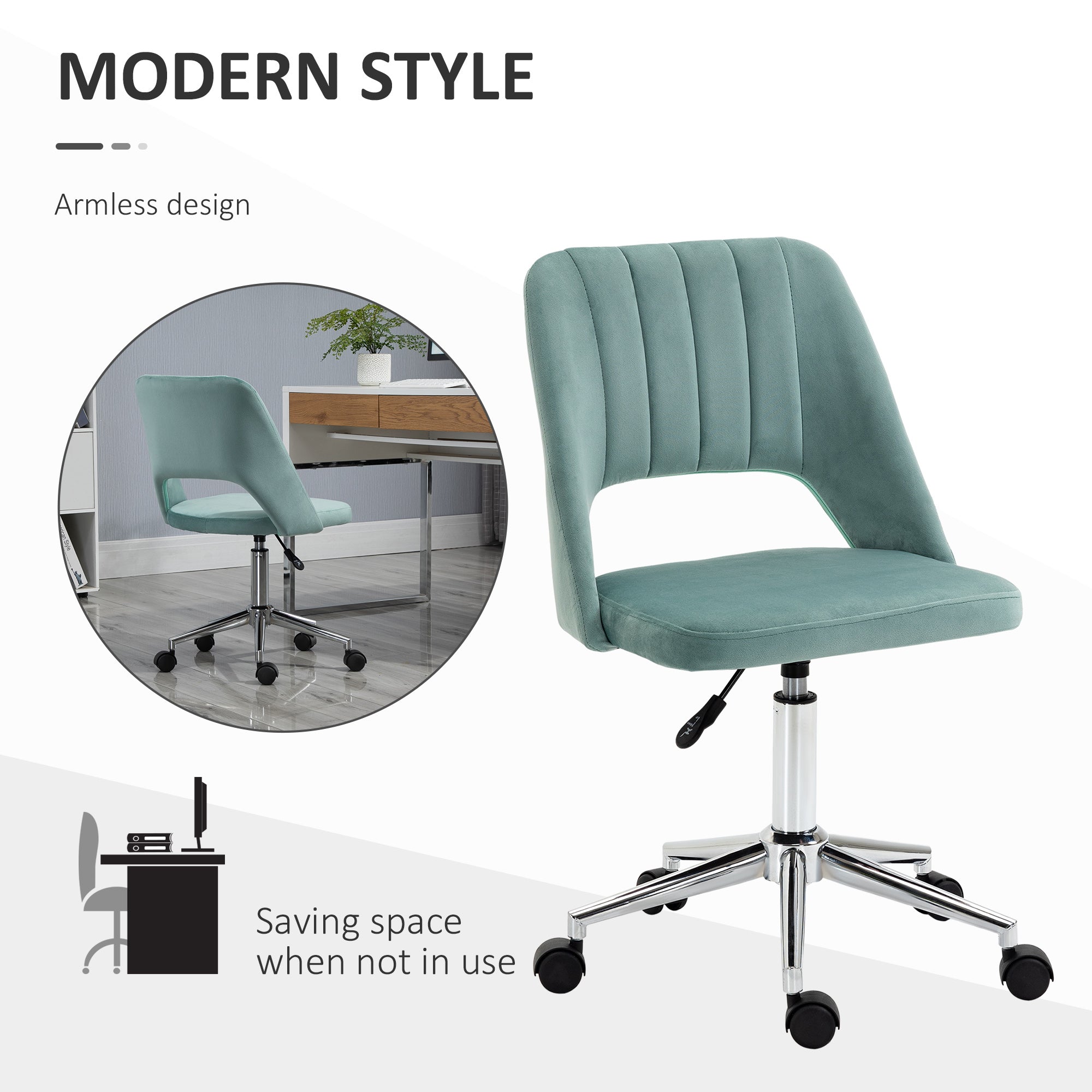 Vinsetto Mid Back Office Chair Velvet Fabric Swivel Scallop Shape Computer Desk Chair for Home Study Bedroom Green - anydaydirect