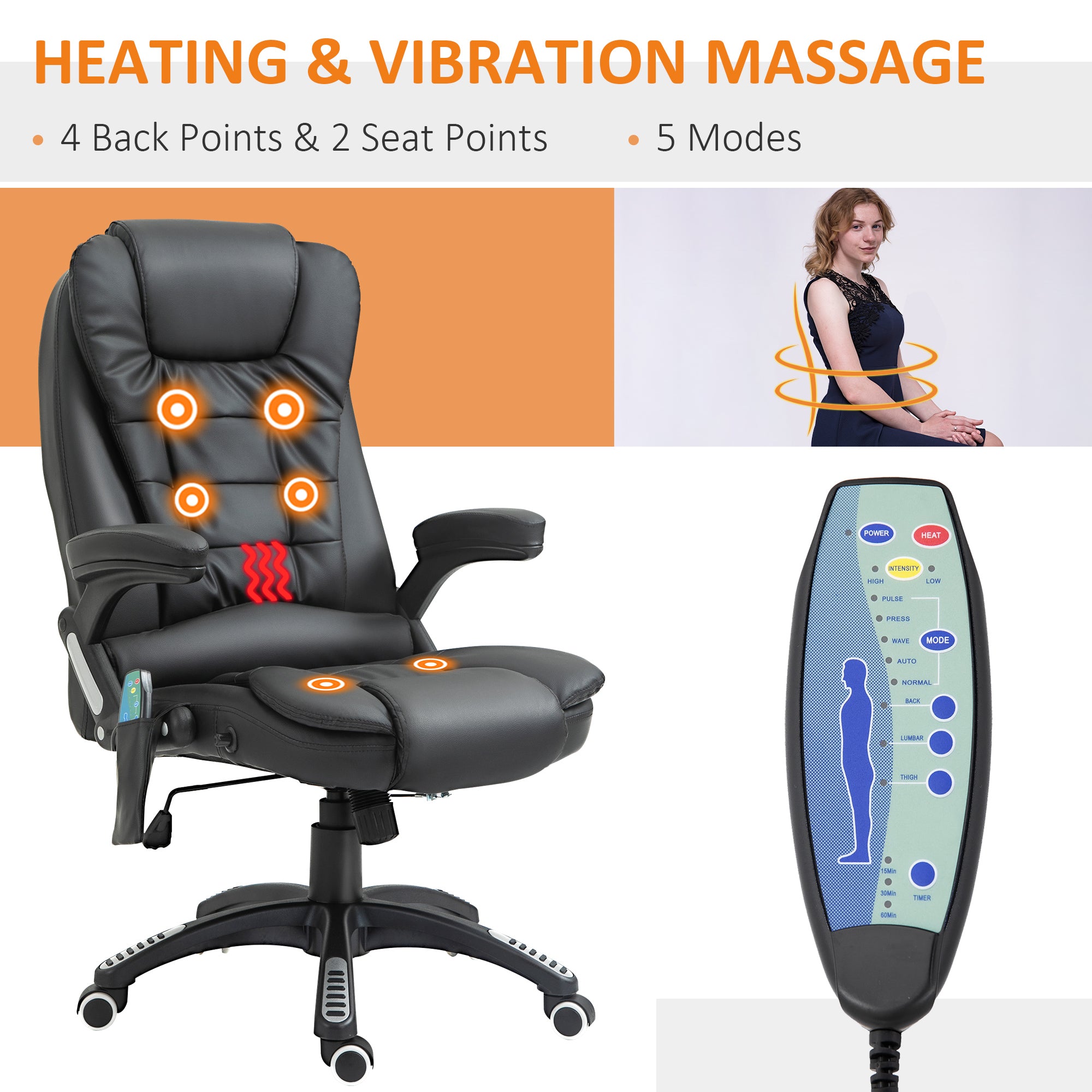 HOMCOM Executive Office Chair with Massage and Heat, High Back PU Leather Massage Office Chair with Adjustable Height, Black - anydaydirect