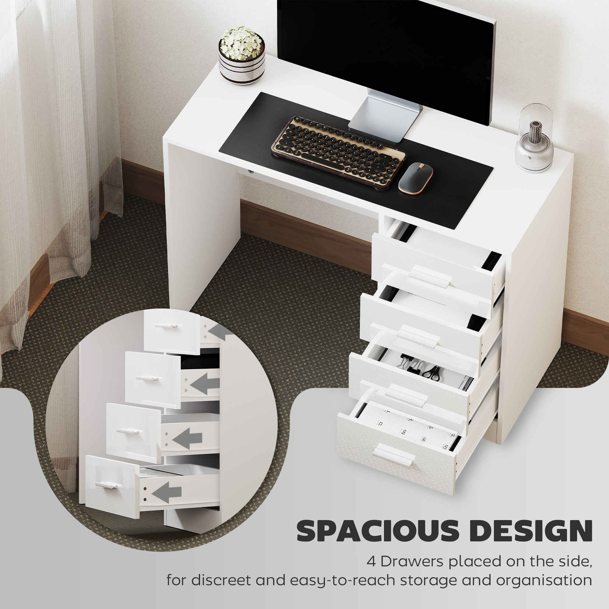 HOMCOM Computer Desk with Drawers, Dressing Table, High Gloss Home Office Writing Workstation, White - anydaydirect