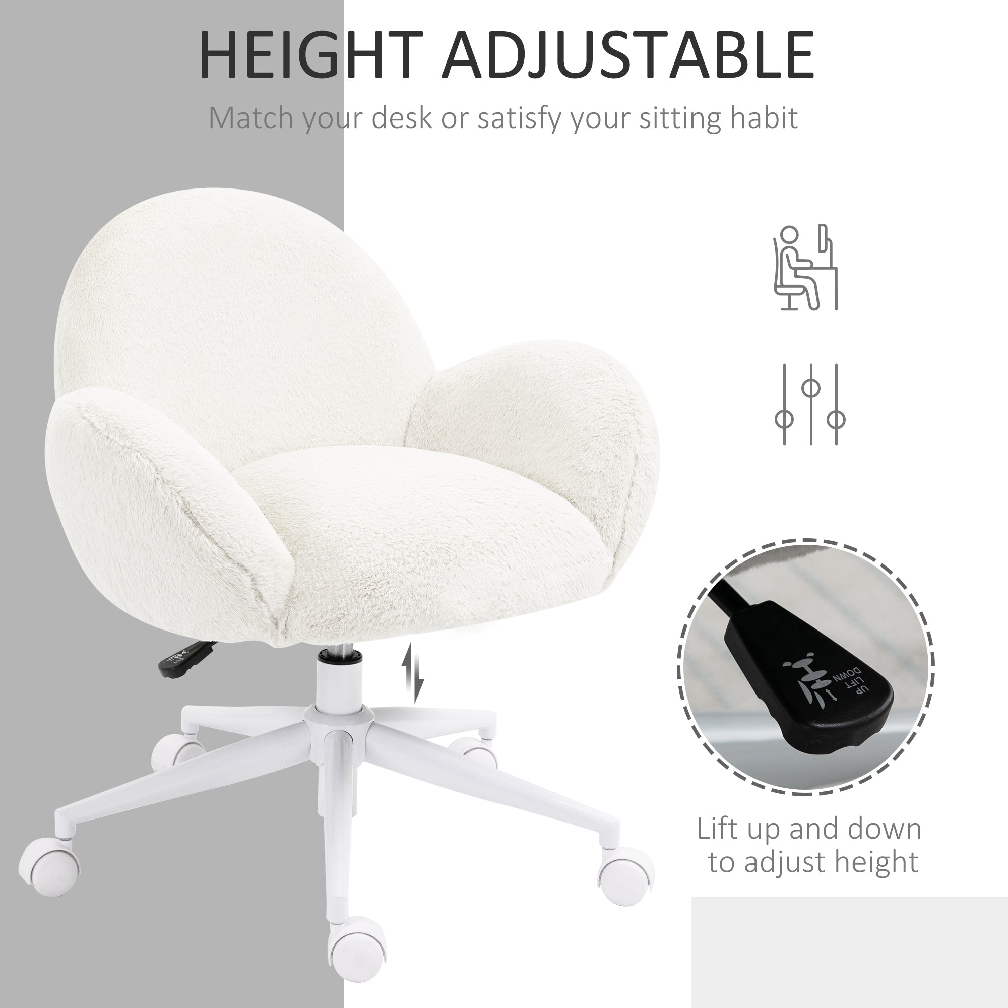 HOMCOM Makeup Vanity Chair, Cute Fluffy Desk Chair with Rolling Wheels for Bedroom Living Room, Cream White - anydaydirect