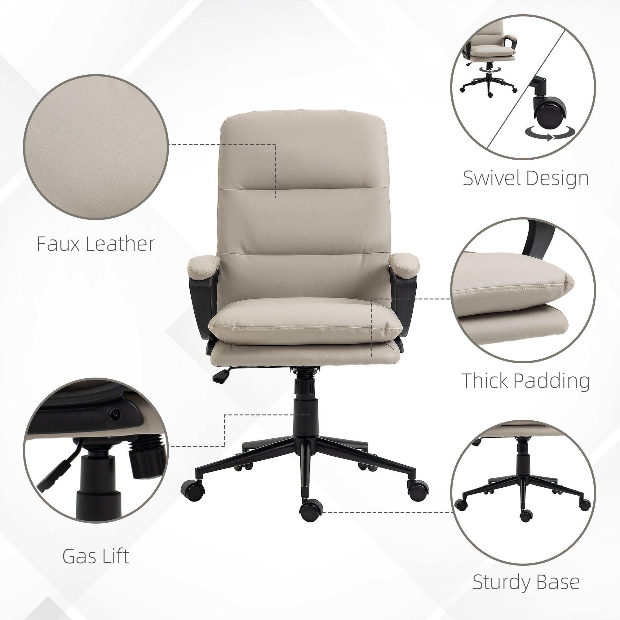 Vinsetto Office Chair, PU Leather Computer Desk Chair Office Chair with Adjustable Height and Swivel Rolling Wheels for Work Study, Light Grey - anydaydirect
