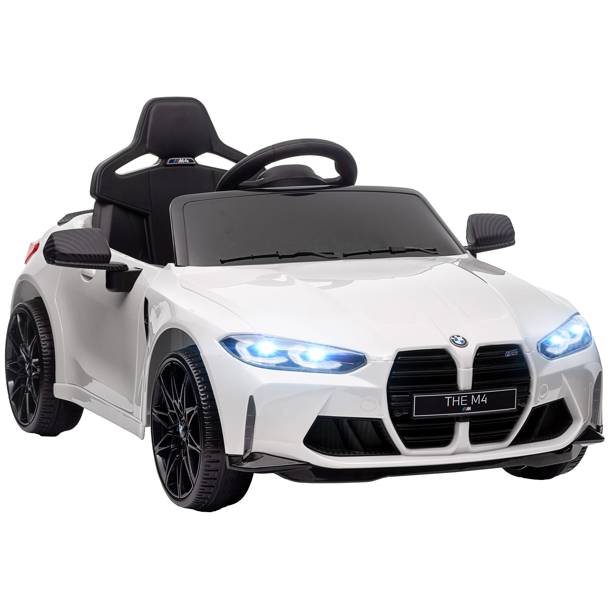 AIYAPLAY 12V BMW M4 Licensed Kids Car with Easy Transport, Remote Control, Suspension, Music, Horn, LED Lights - White - anydaydirect