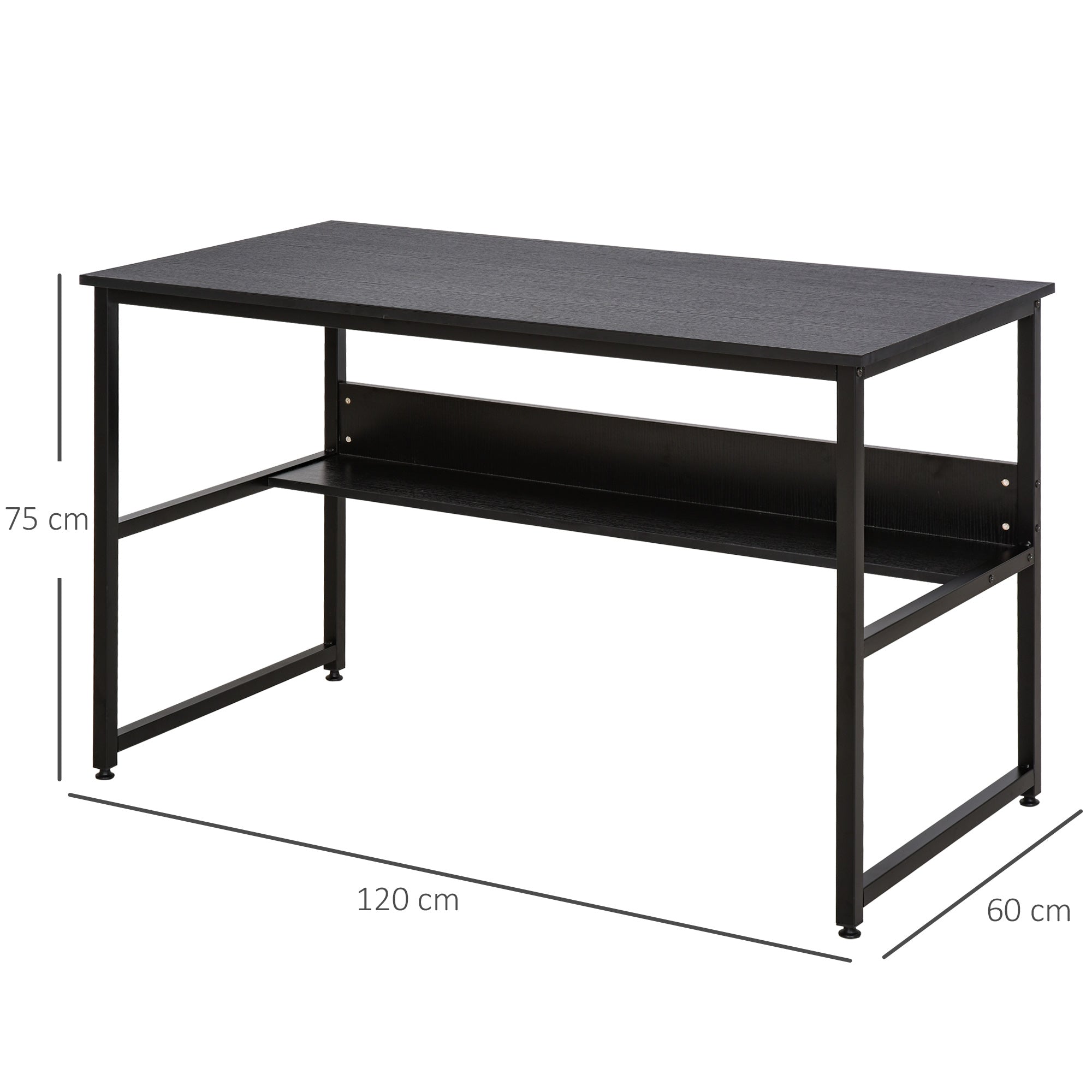 HOMCOM Computer Desk with Storage Shelf, 120 x 60cm Home Office Desk with Metal Frame, Study Table, Easy Assembly, Black - anydaydirect