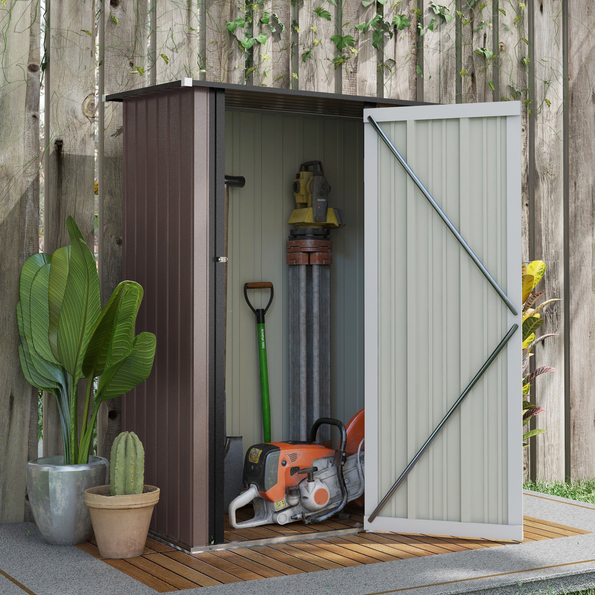 Outsunny  5ft x 3ft Garden Metal Storage Shed, Outdoor Tool Shed with Sloped Roof, Lockable Door for Equipment, Bikes, Brown - anydaydirect