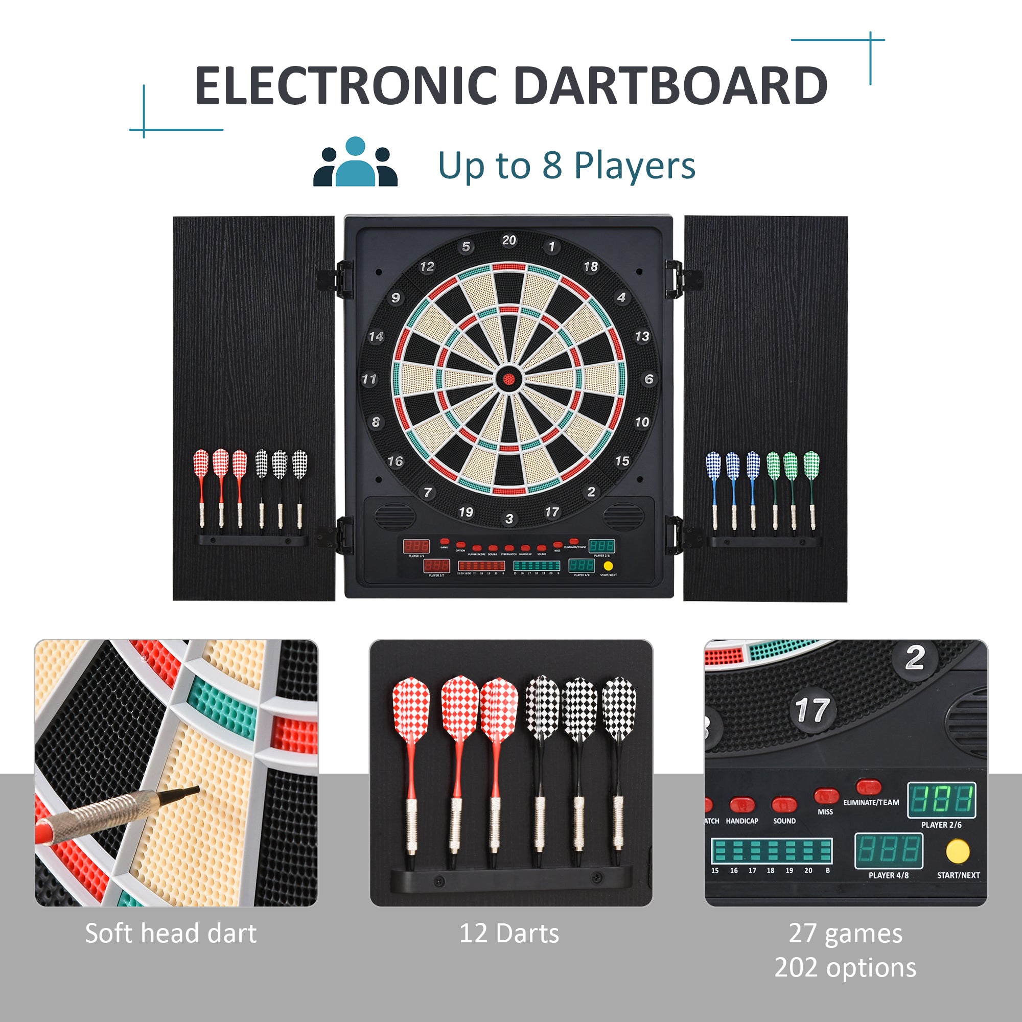HOMCOM Electronic Dartboard Set, 27 Games Modes and 202 Variations, LED & 12 Soft Tip Darts and Cabinet to Storage, Ready-to-Play Multi-Game Option Darts Machine - anydaydirect
