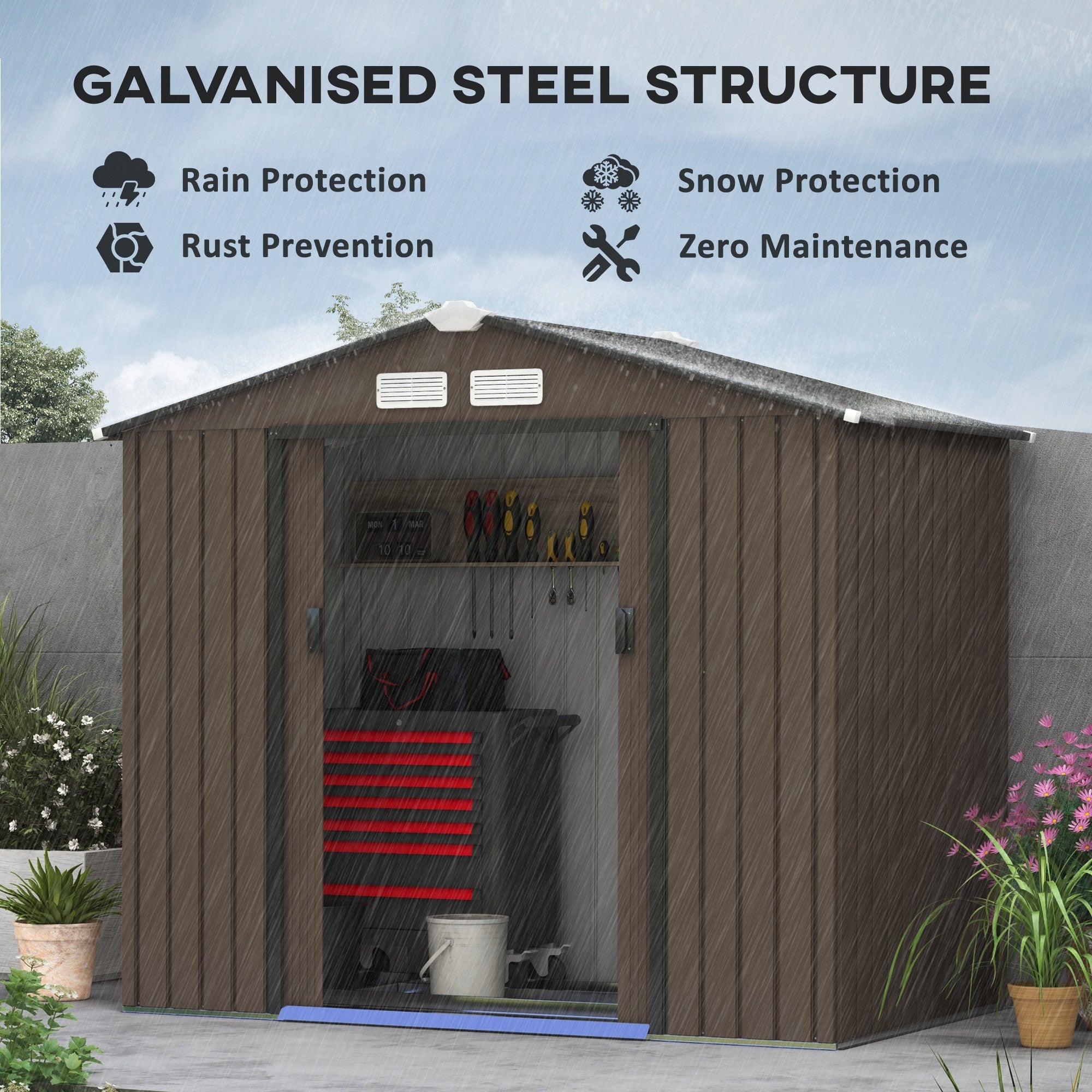 Outsunny 7ft x 4ft Lockable Garden Metal Storage Shed Large Patio Roofed Tool Storage Building Foundation Sheds Box Outdoor Furniture, Brown - anydaydirect