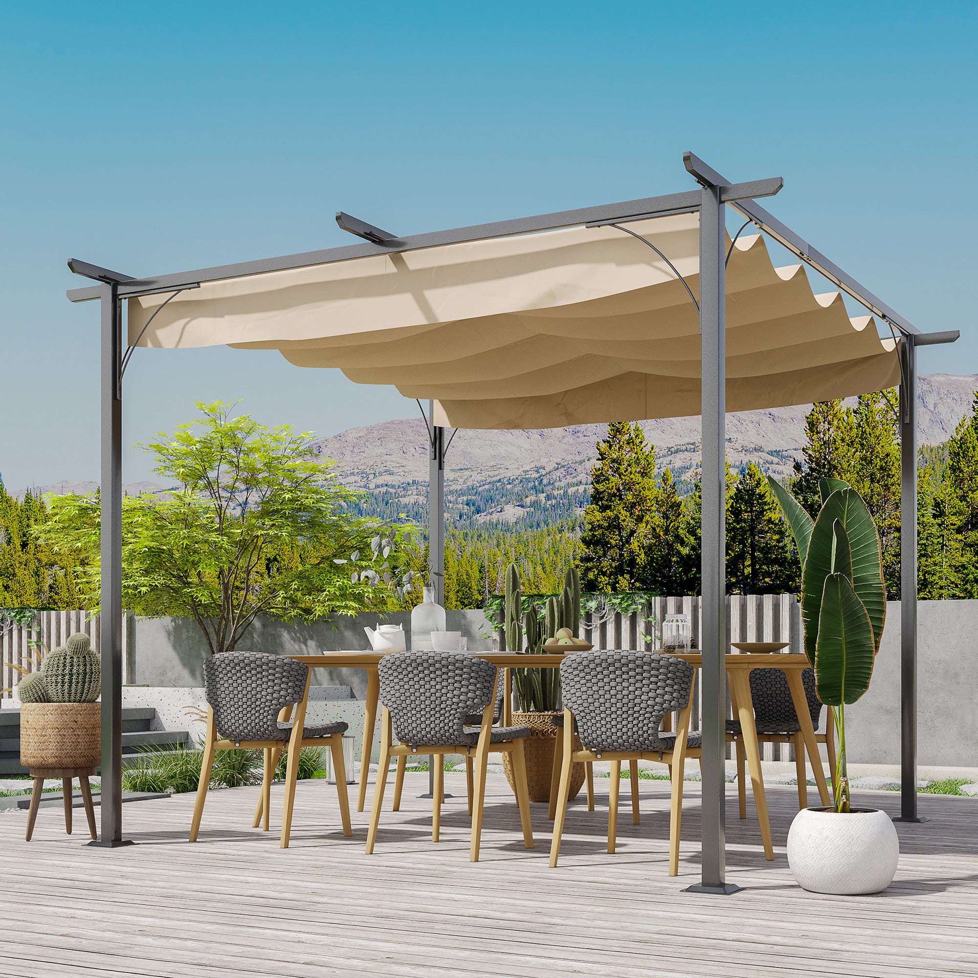 Outsunny 3 x 3(m) Metal Pergola with Retractable Roof, Garden Gazebo Metal Pergola Canopy. Outdoor Sun Shade Shelter for Party BBQ, Beige - anydaydirect