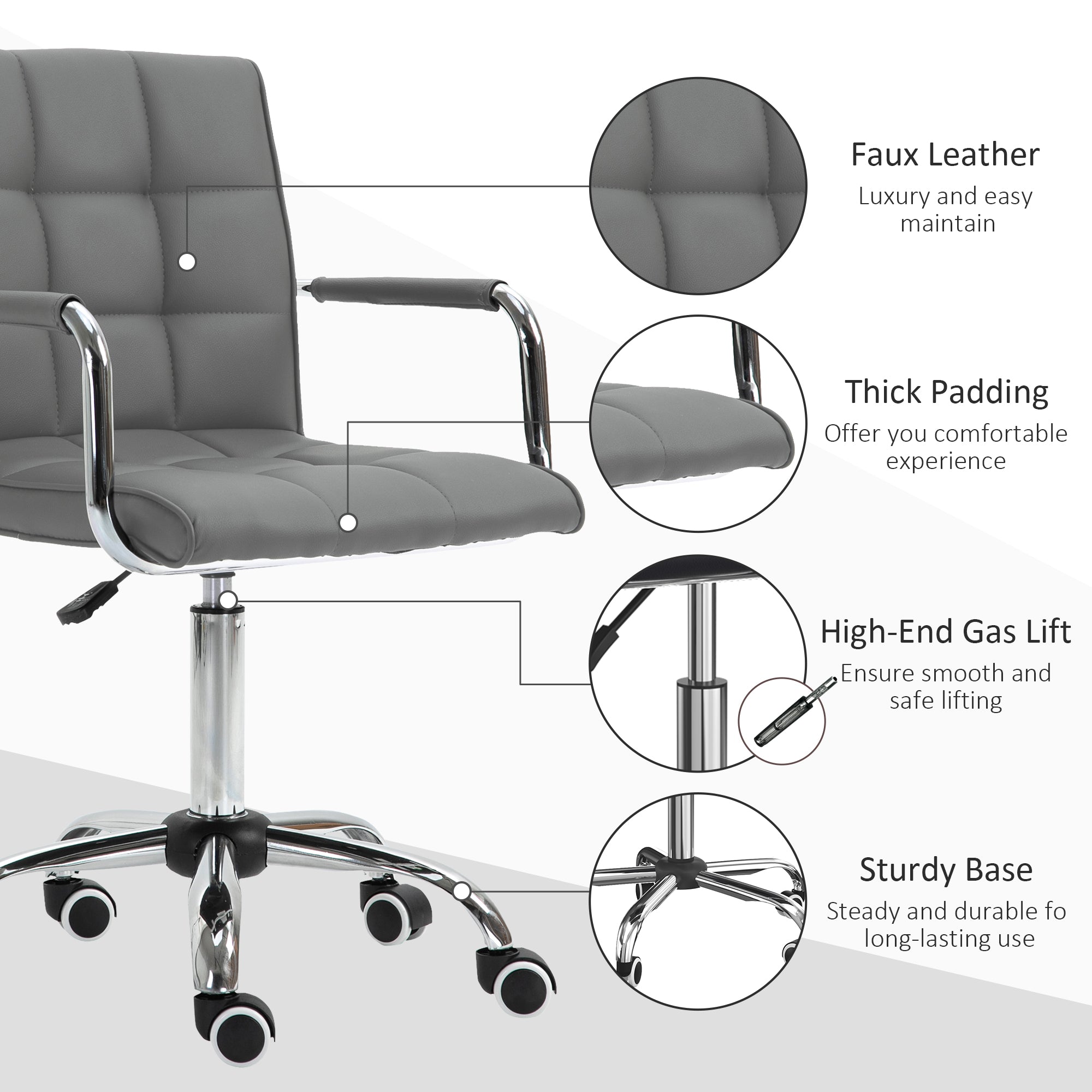 Vinsetto PU Leather Home Office Desk Chair, Computer Chair with Mid Back, Arm, Swivel Wheels, Adjustable Height, Grey - anydaydirect