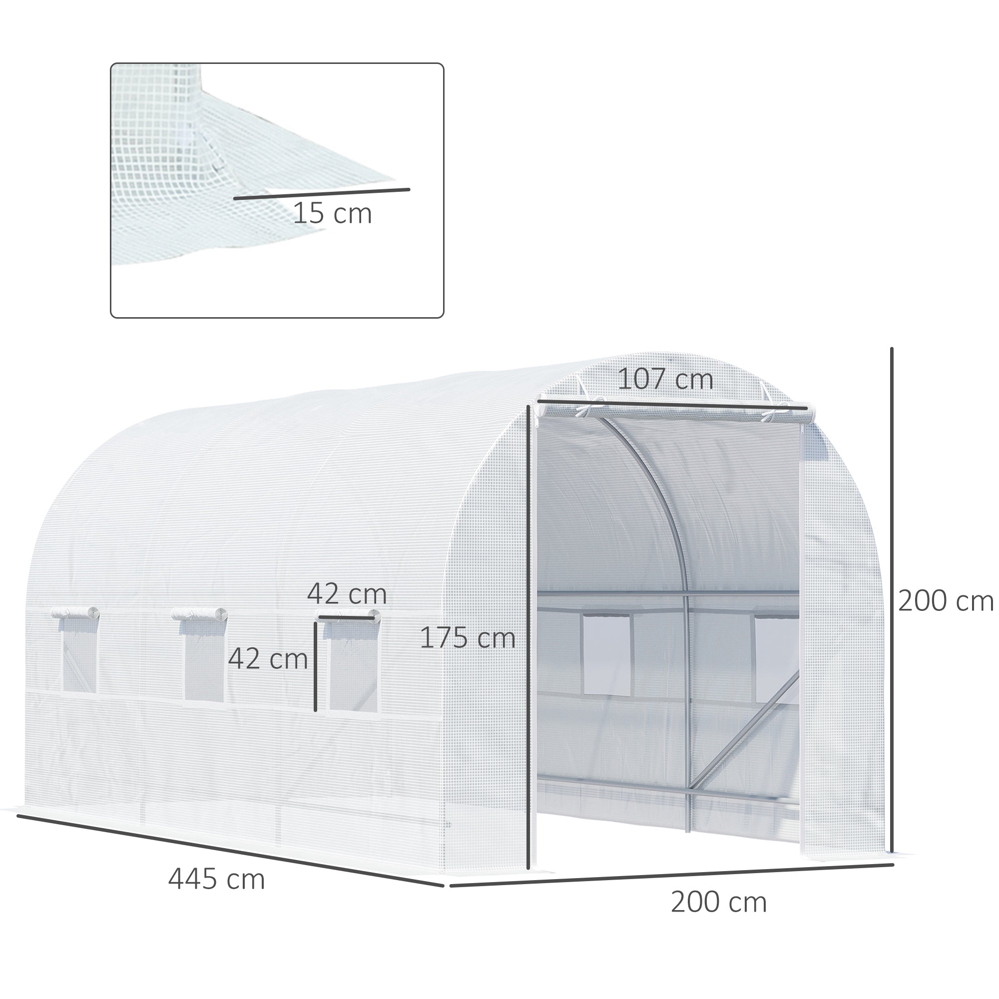 Outsunny 4.5 x 2 x 2 m Polytunnel Greenhouse, Walk-in Green House for Garden with Mesh Windows, Galvanised Steel Frame, White - anydaydirect
