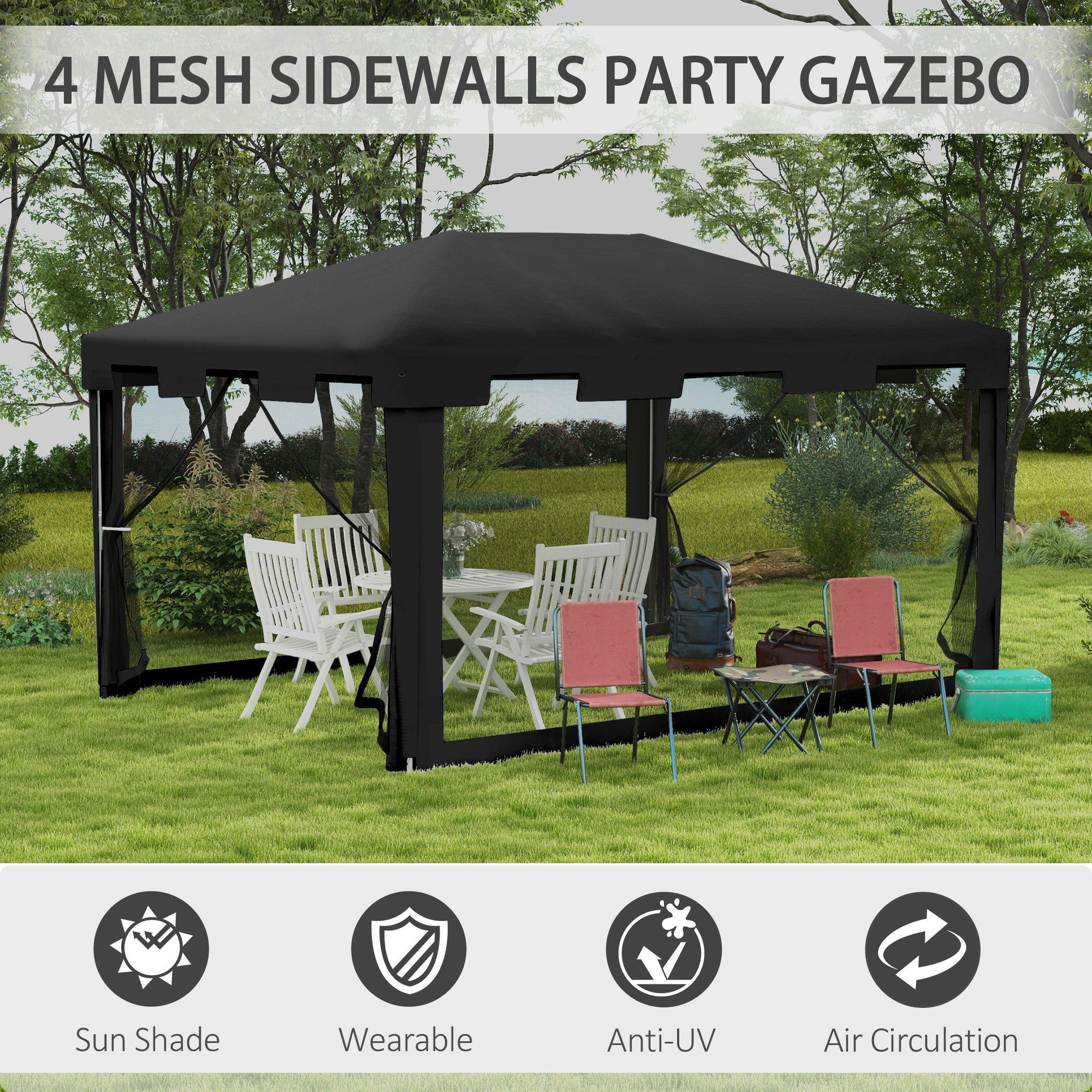Outsunny 4 x 3 m Party Tent Wedding Gazebo Outdoor Waterproof PE Canopy Shade with Panel Grey - anydaydirect