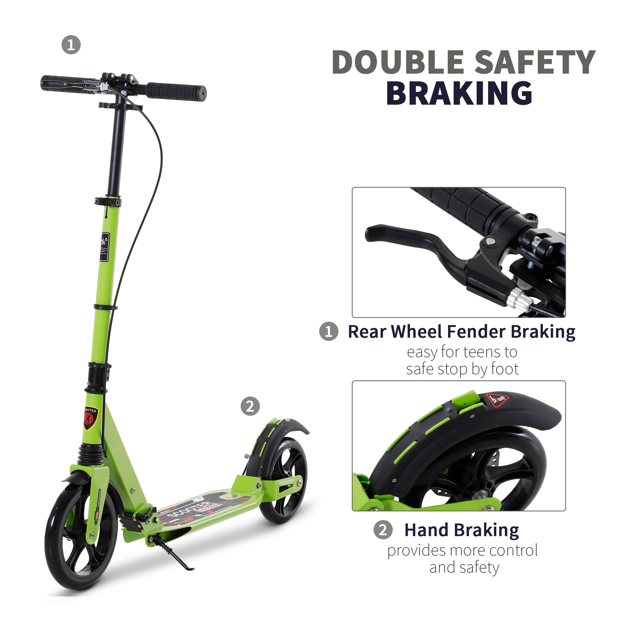 HOMCOM Kick Scooter, Folding 2 Wheel Scooter for 14+ Teens Adults, with Dual Brake System, Dual Suspension, 230mm Big Wheels, 3 Adjustable Handlebar, up to 100KG, Green - anydaydirect