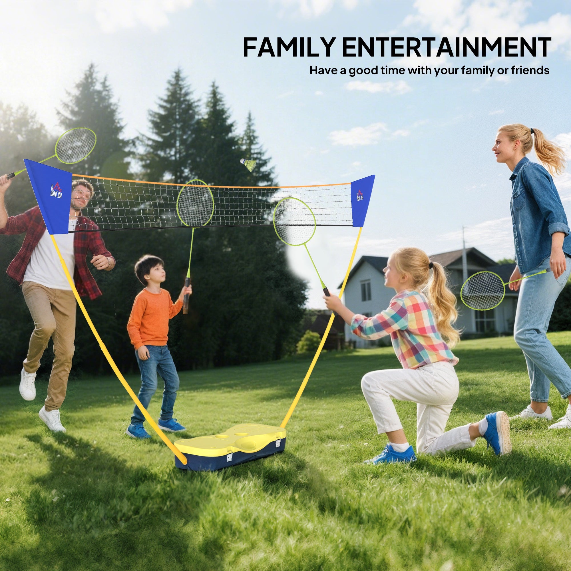 HOMCOM 2.8m Portable Folding Badminton Net Set with 4 Badminton Rackets and 2 Nylon Shuttlecocks, for Adults Kids Indoor Outdoor Exercise Training - anydaydirect