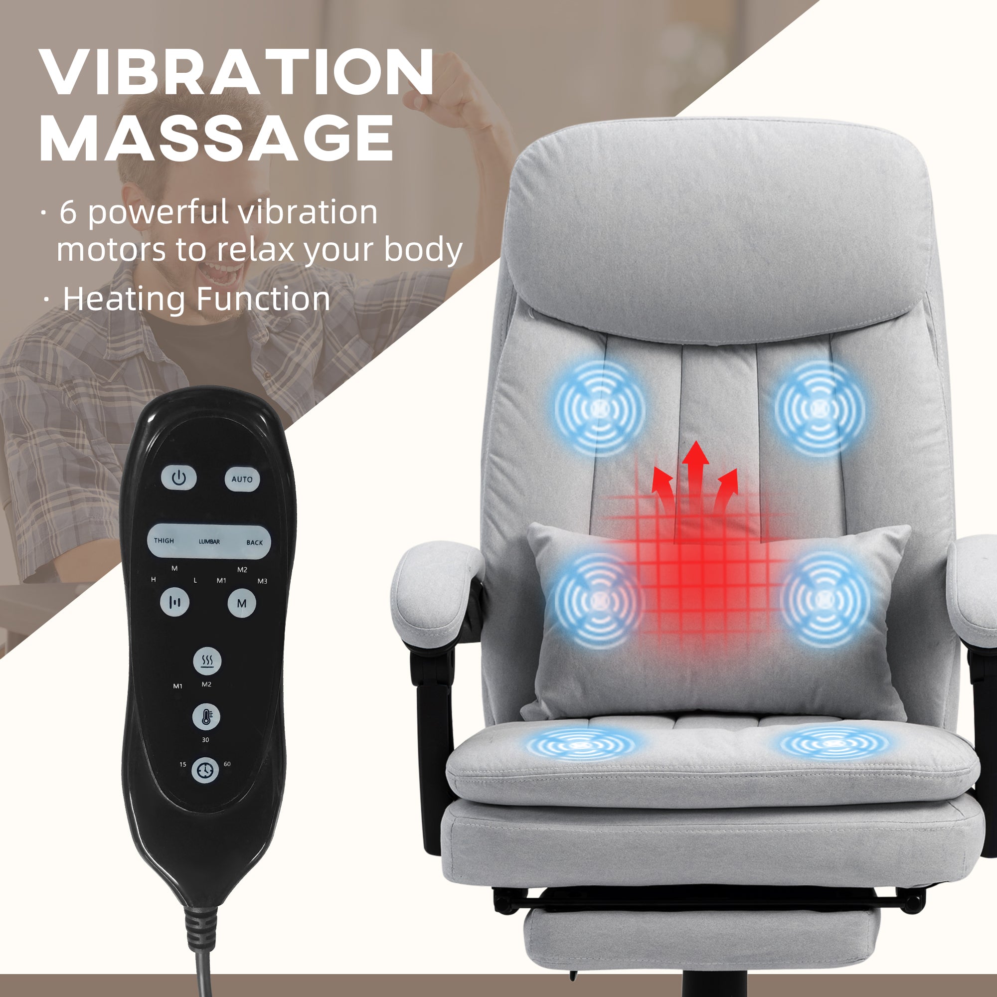 Vinsetto Office Chair, Ergonomic Desk Chair with 6-Point Vibration Massage and Lumbar Heating, Computer Chair with Lumbar Support Pillow, 155° Reclining Back and Footrest, Grey - anydaydirect