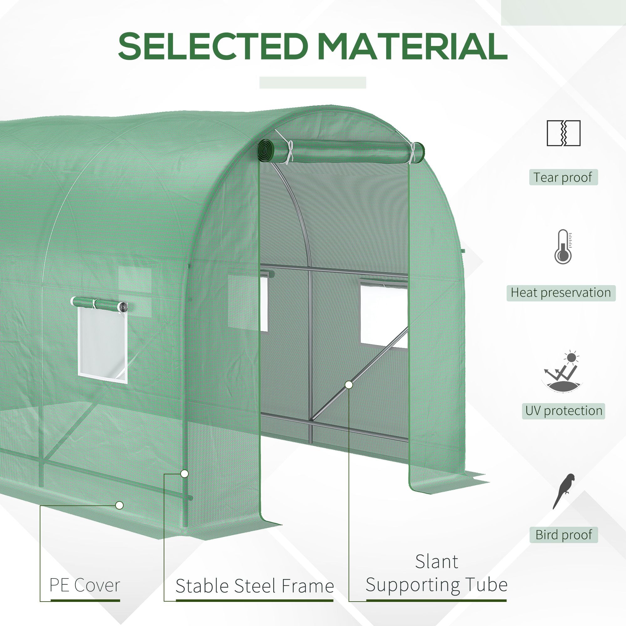 Outsunny 3.5 x 2m Walk-In Polytunnel Greenhouse, with Steel Frame, PE Cover, Roll-Up Door and 6 Windows, Green - anydaydirect
